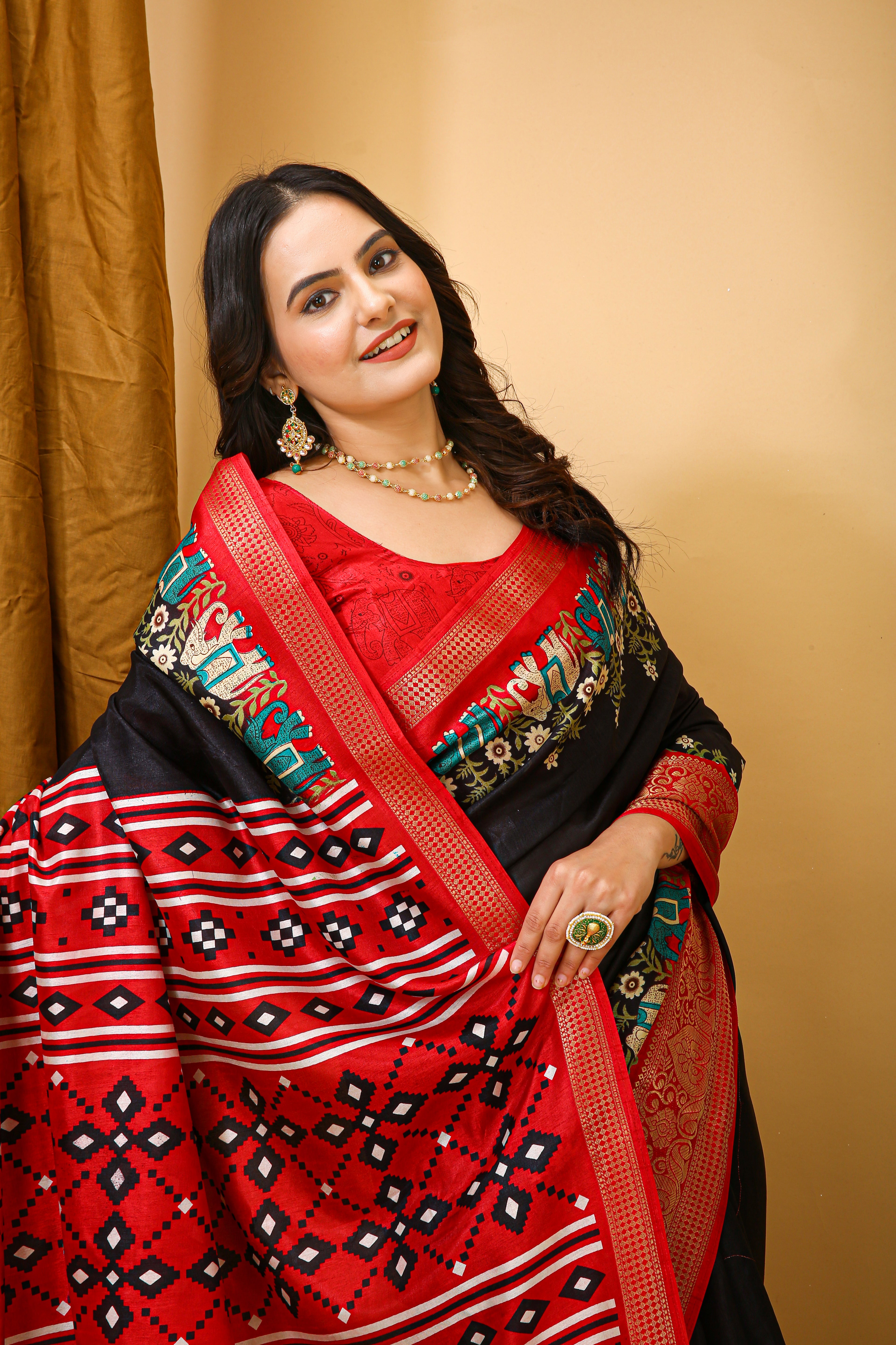 Black Kalamkari Print Saree With Jacard Kanjivaram Zari Border & Pallu With Printed Blouse