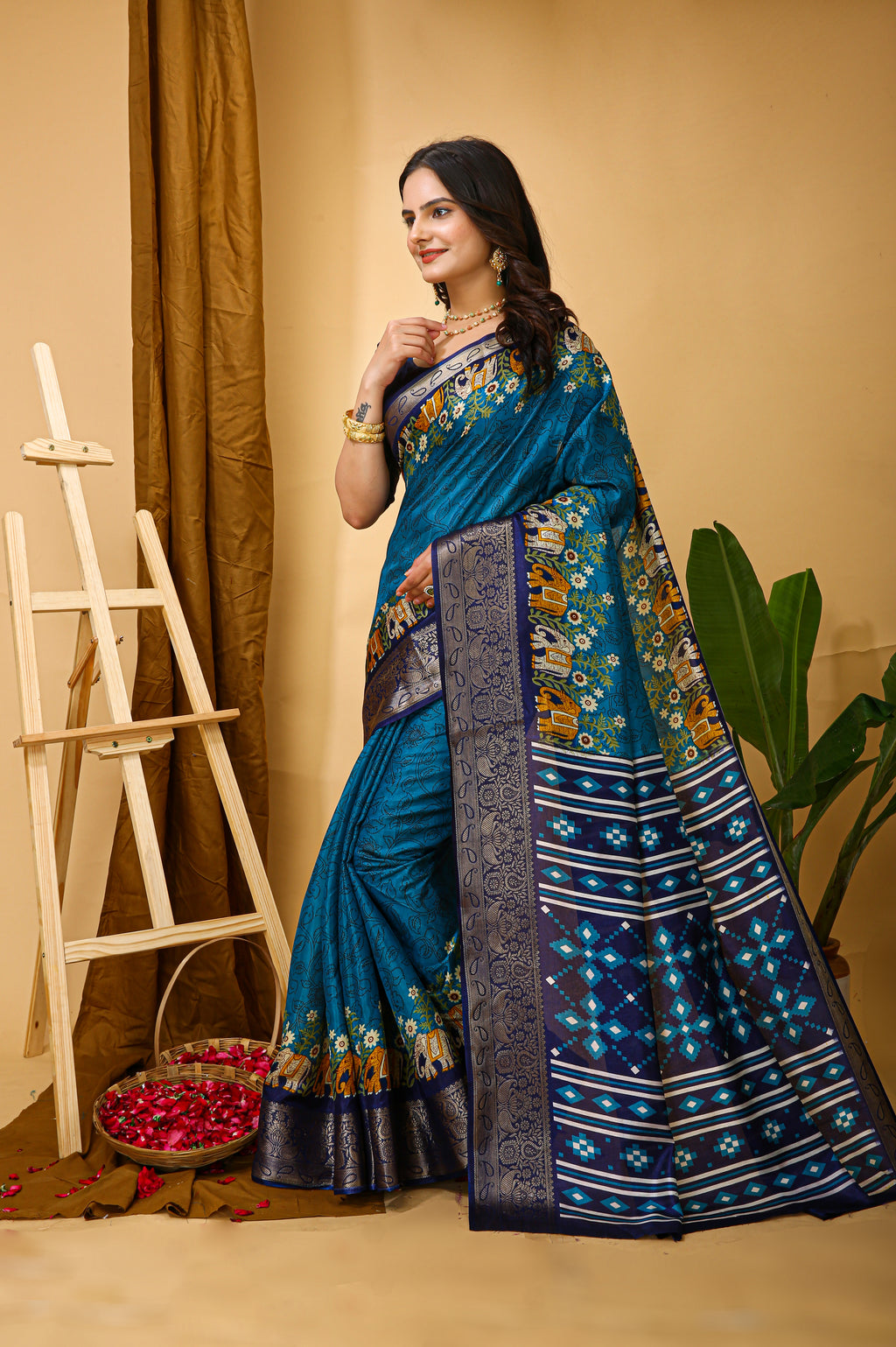 Blue Kalamkari Print Saree With Jacard Kanjivaram Zari Border & Pallu With Printed Blouse