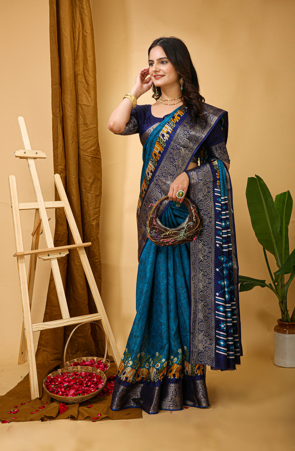 Blue Kalamkari Print Saree With Jacard Kanjivaram Zari Border & Pallu With Printed Blouse