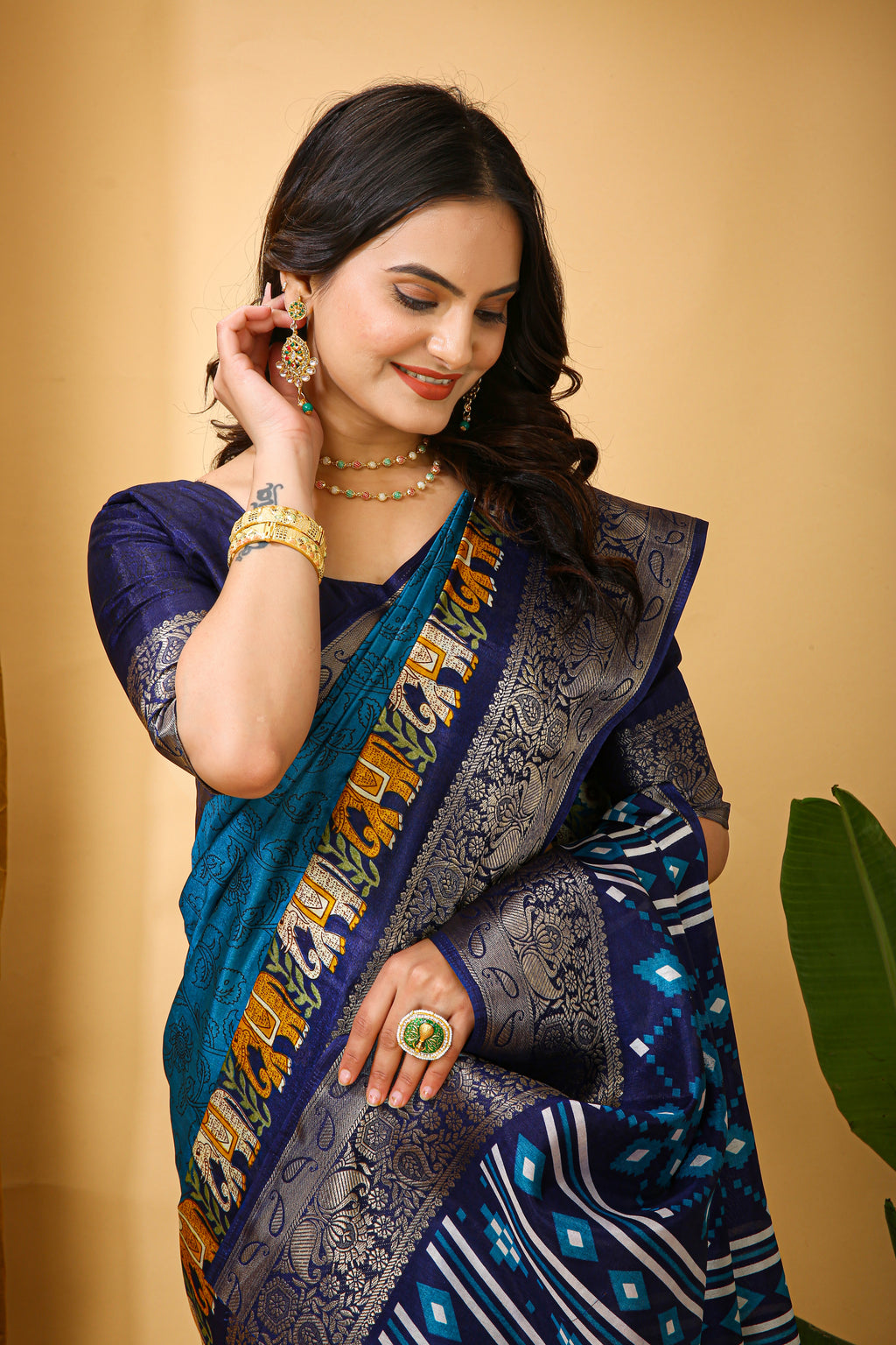 Blue Kalamkari Print Saree With Jacard Kanjivaram Zari Border & Pallu With Printed Blouse