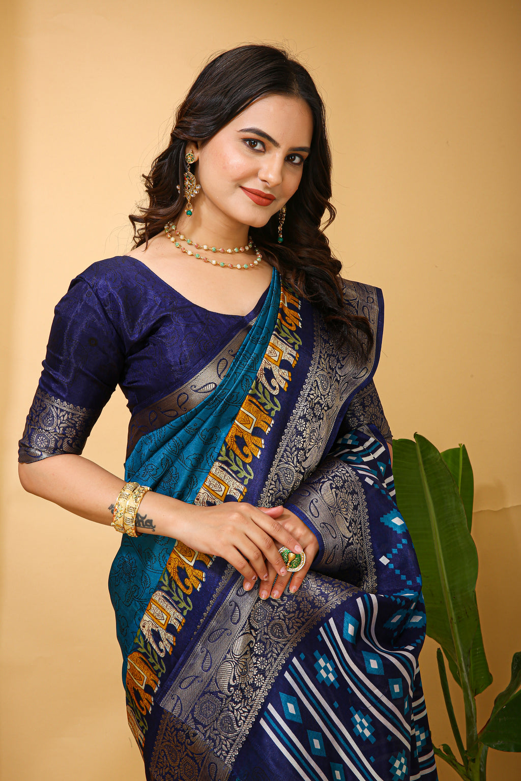 Blue Kalamkari Print Saree With Jacard Kanjivaram Zari Border & Pallu With Printed Blouse