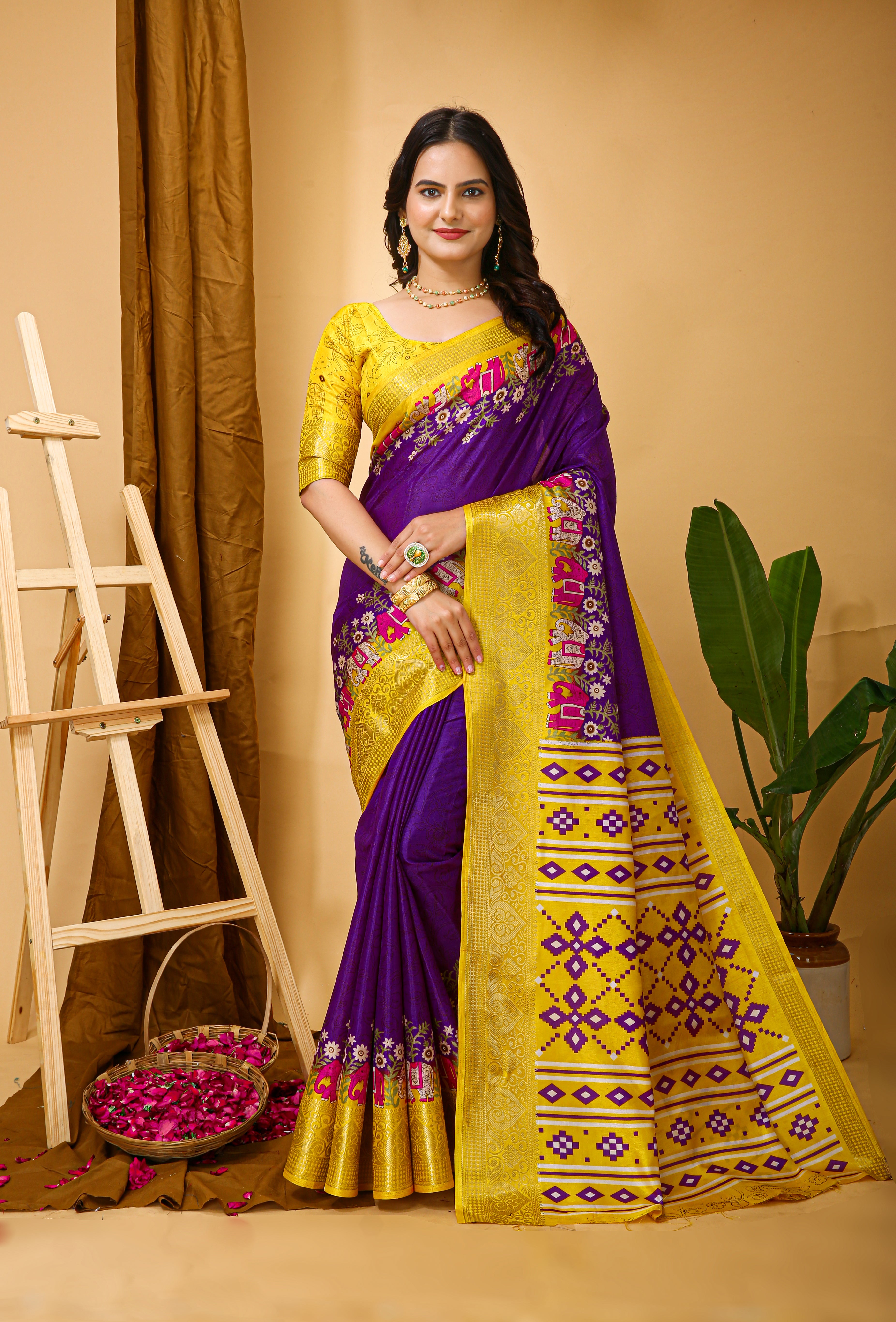 Black Kalamkari Print Saree With Jacard Kanjivaram Zari Border & Pallu With Printed Blouse