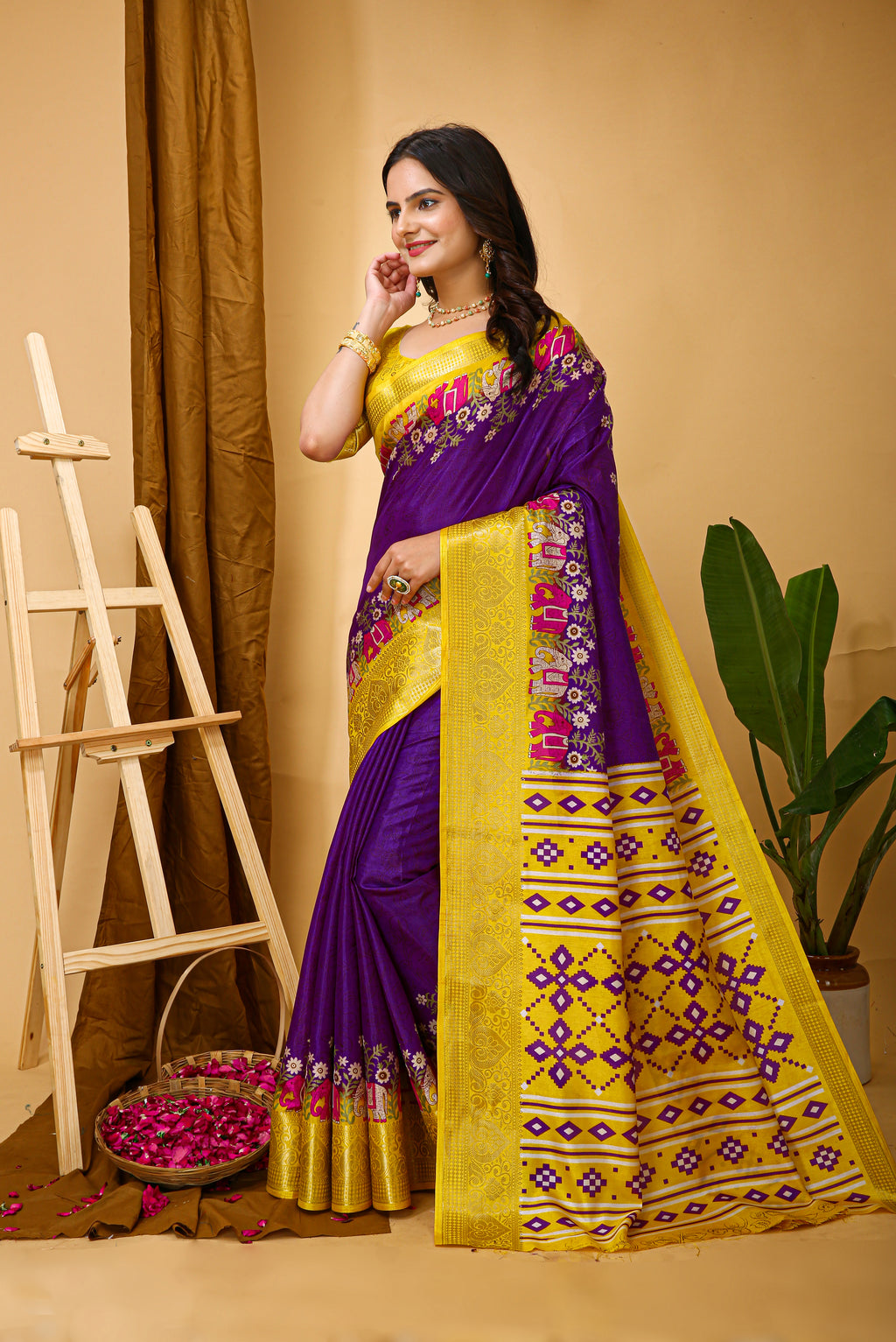 Purple Kalamkari Print Saree With Jacard Kanjivaram Zari Border & Pallu With Printed Blouse