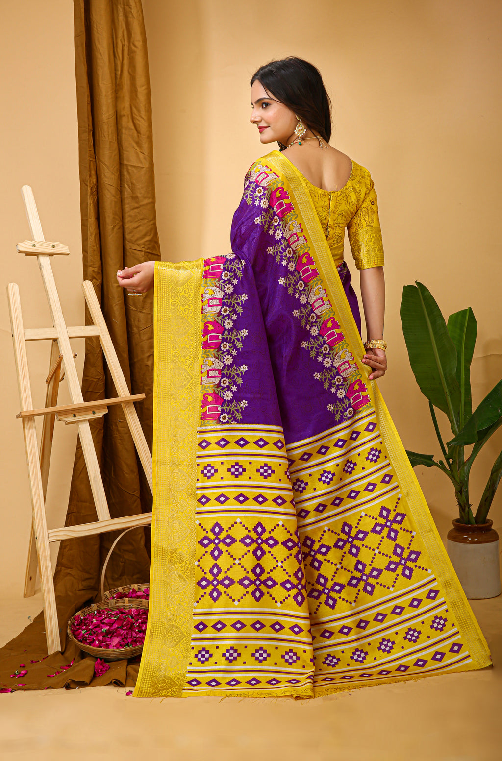 Purple Kalamkari Print Saree With Jacard Kanjivaram Zari Border & Pallu With Printed Blouse
