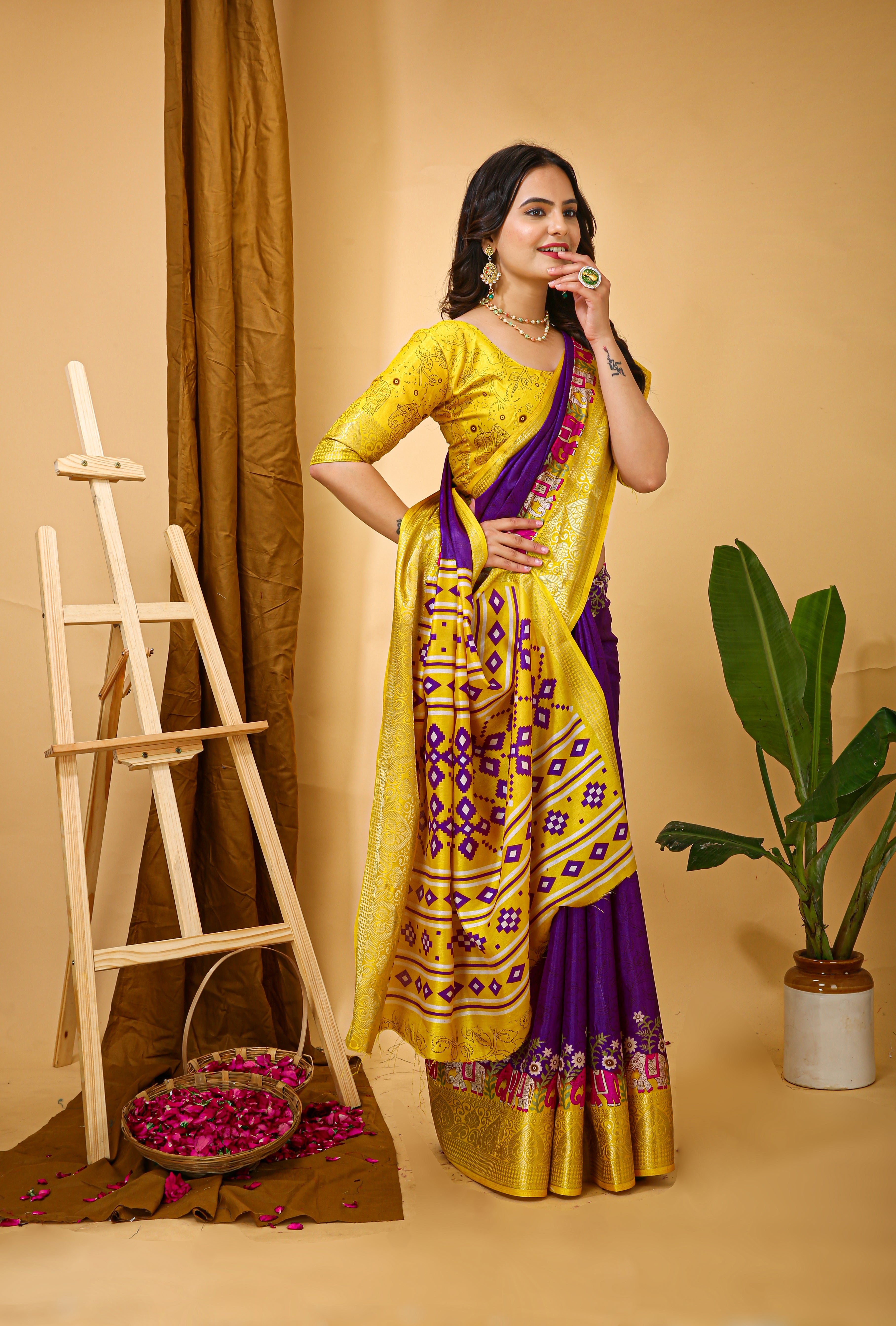 Purple Kalamkari Print Saree With Jacard Kanjivaram Zari Border & Pallu With Printed Blouse