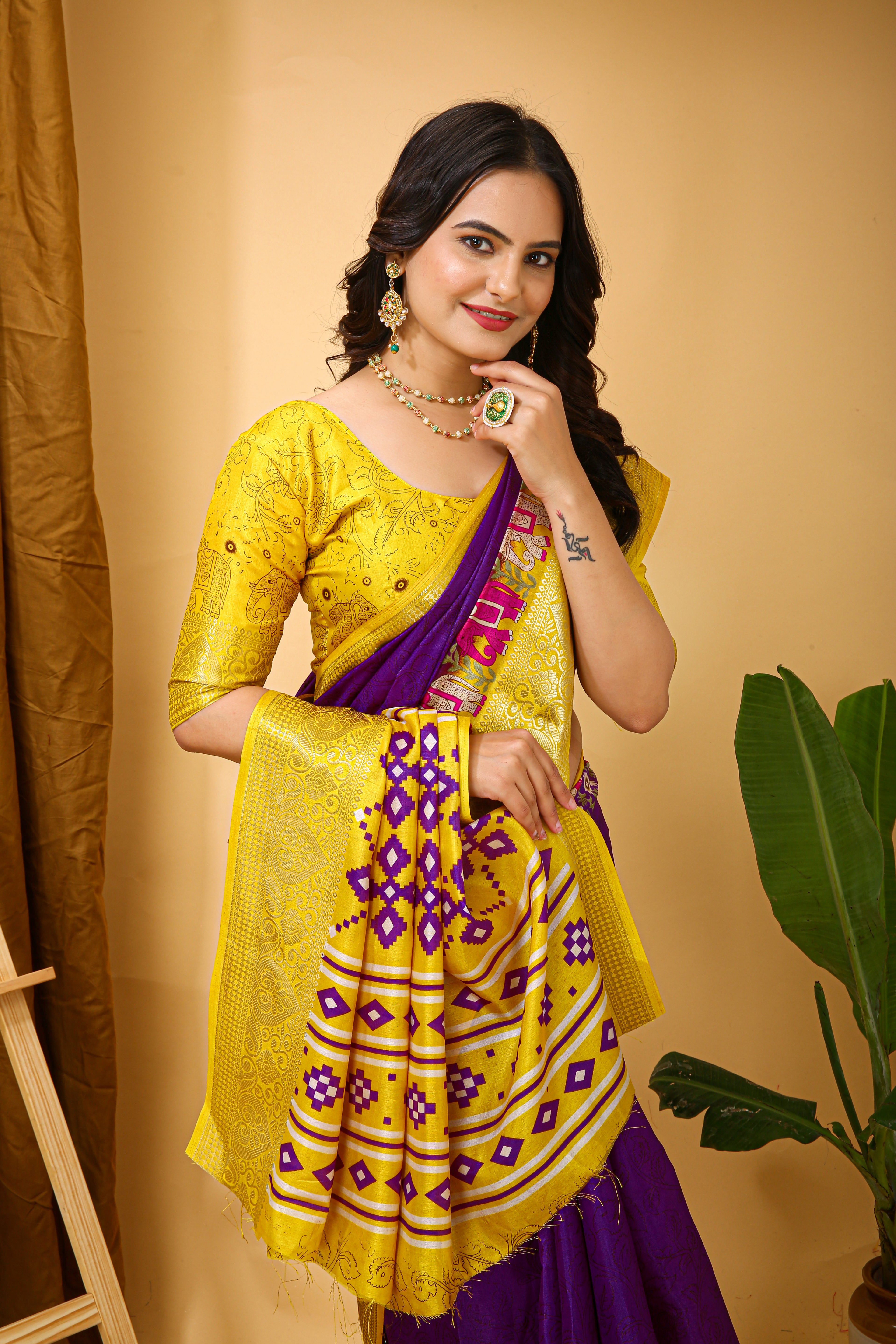 Purple Kalamkari Print Saree With Jacard Kanjivaram Zari Border & Pallu With Printed Blouse