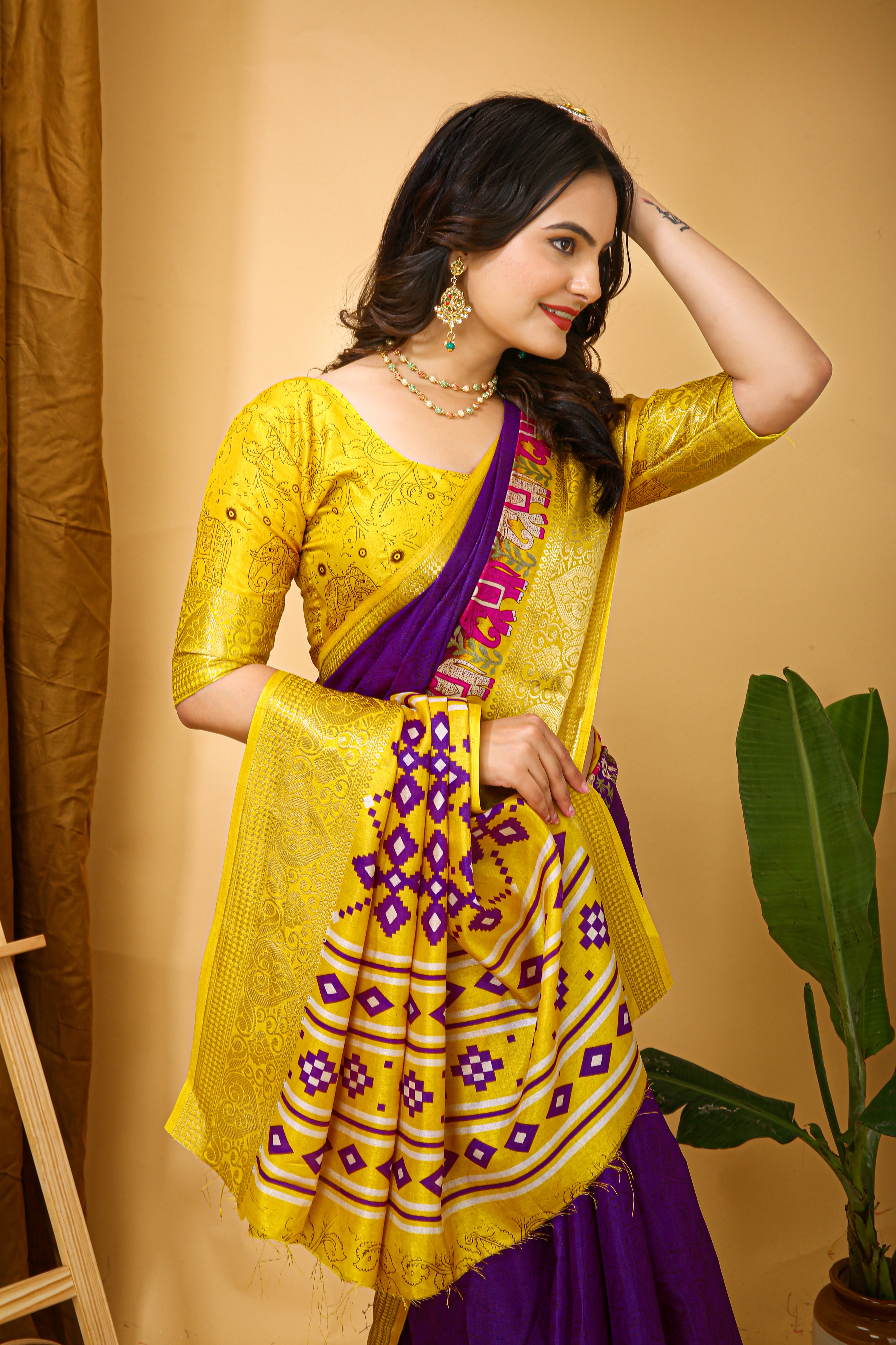 Purple Kalamkari Print Saree With Jacard Kanjivaram Zari Border & Pallu With Printed Blouse