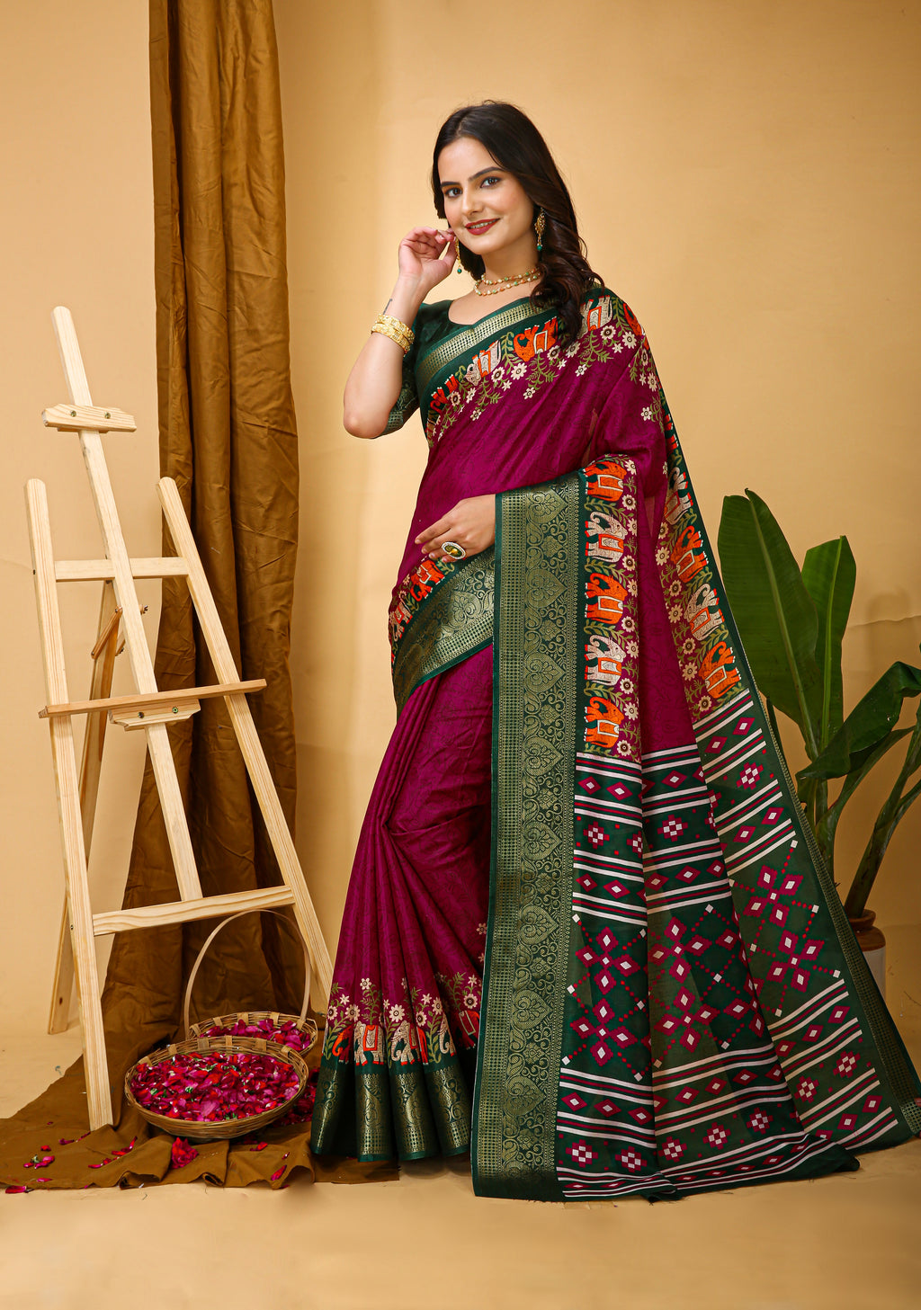Maroon Kalamkari Print Saree With Jacard Kanjivaram Zari Border & Pallu With Printed Blouse