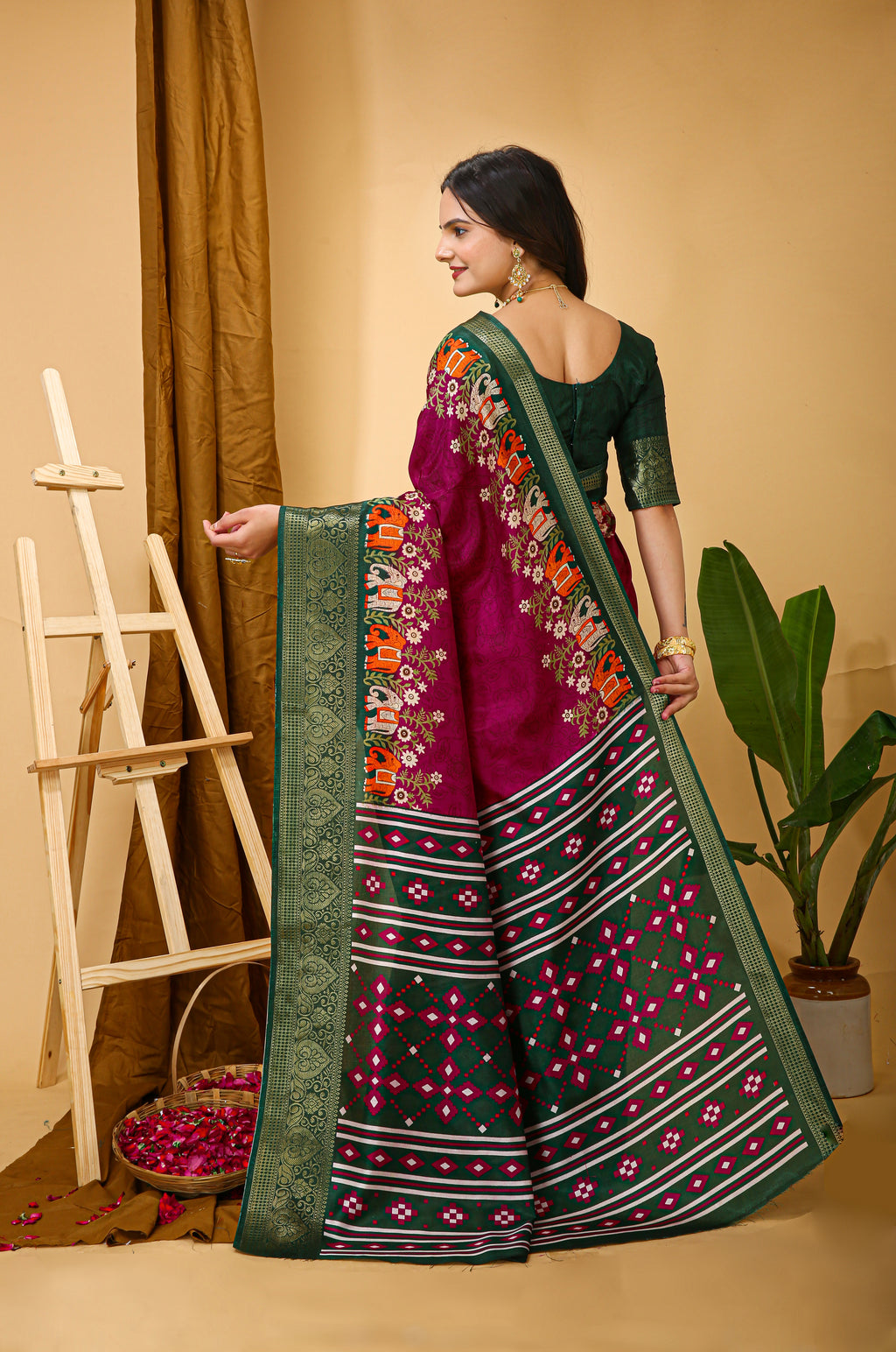 Maroon Kalamkari Print Saree With Jacard Kanjivaram Zari Border & Pallu With Printed Blouse