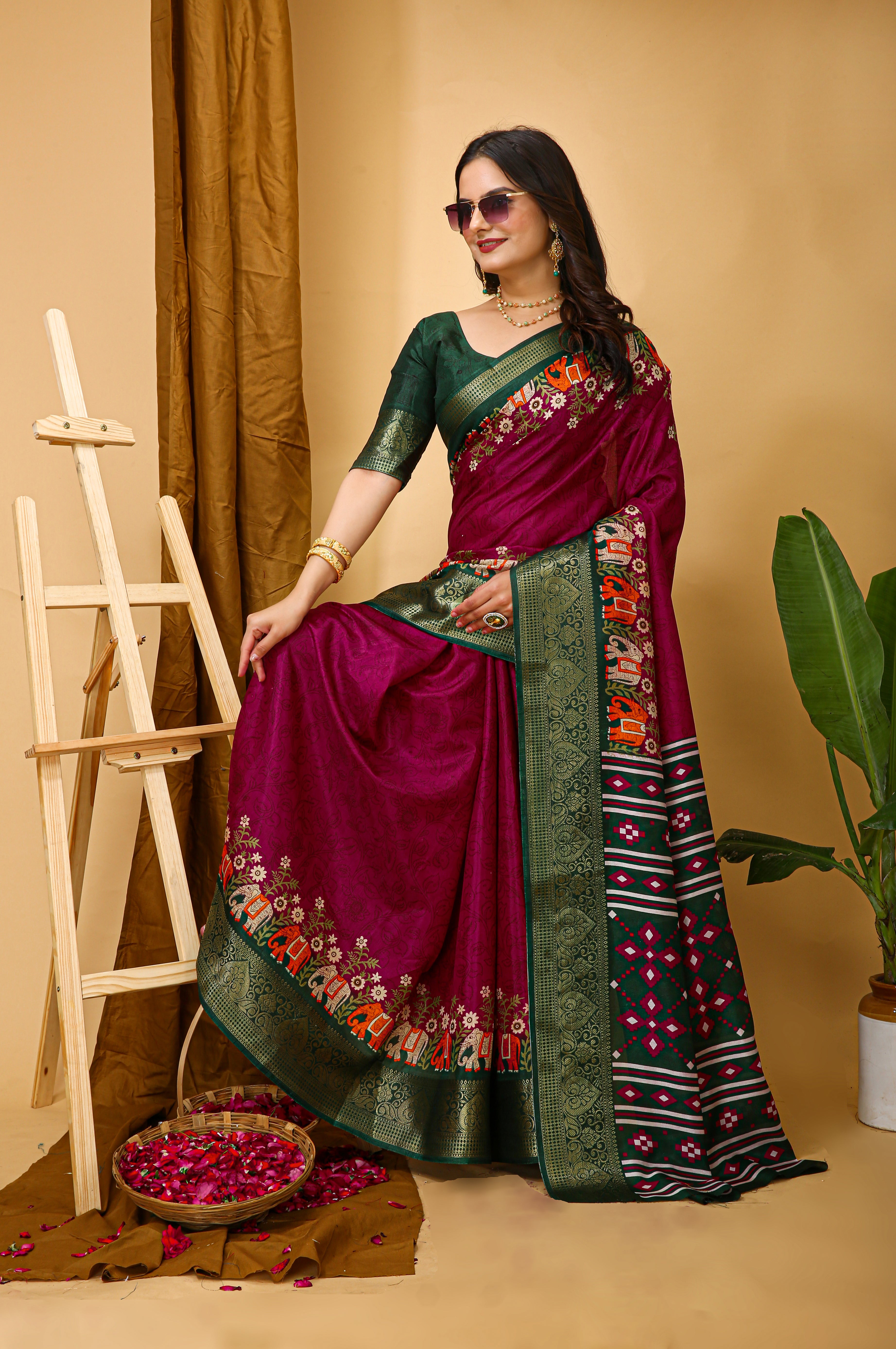 Maroon Kalamkari Print Saree With Jacard Kanjivaram Zari Border & Pallu With Printed Blouse