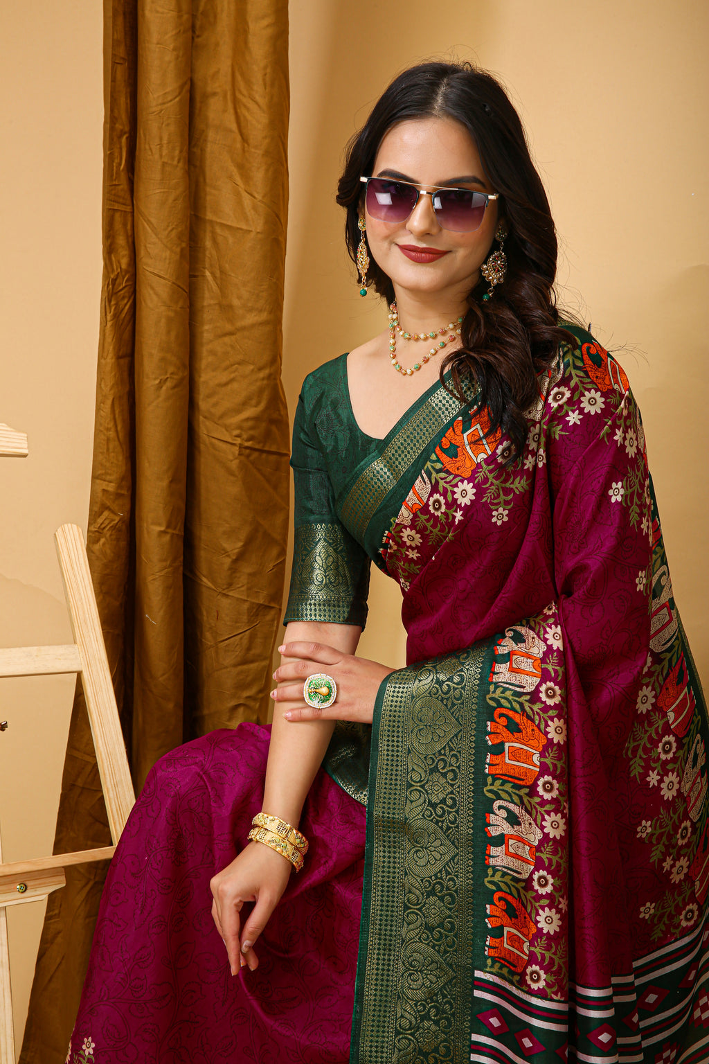 Maroon Kalamkari Print Saree With Jacard Kanjivaram Zari Border & Pallu With Printed Blouse
