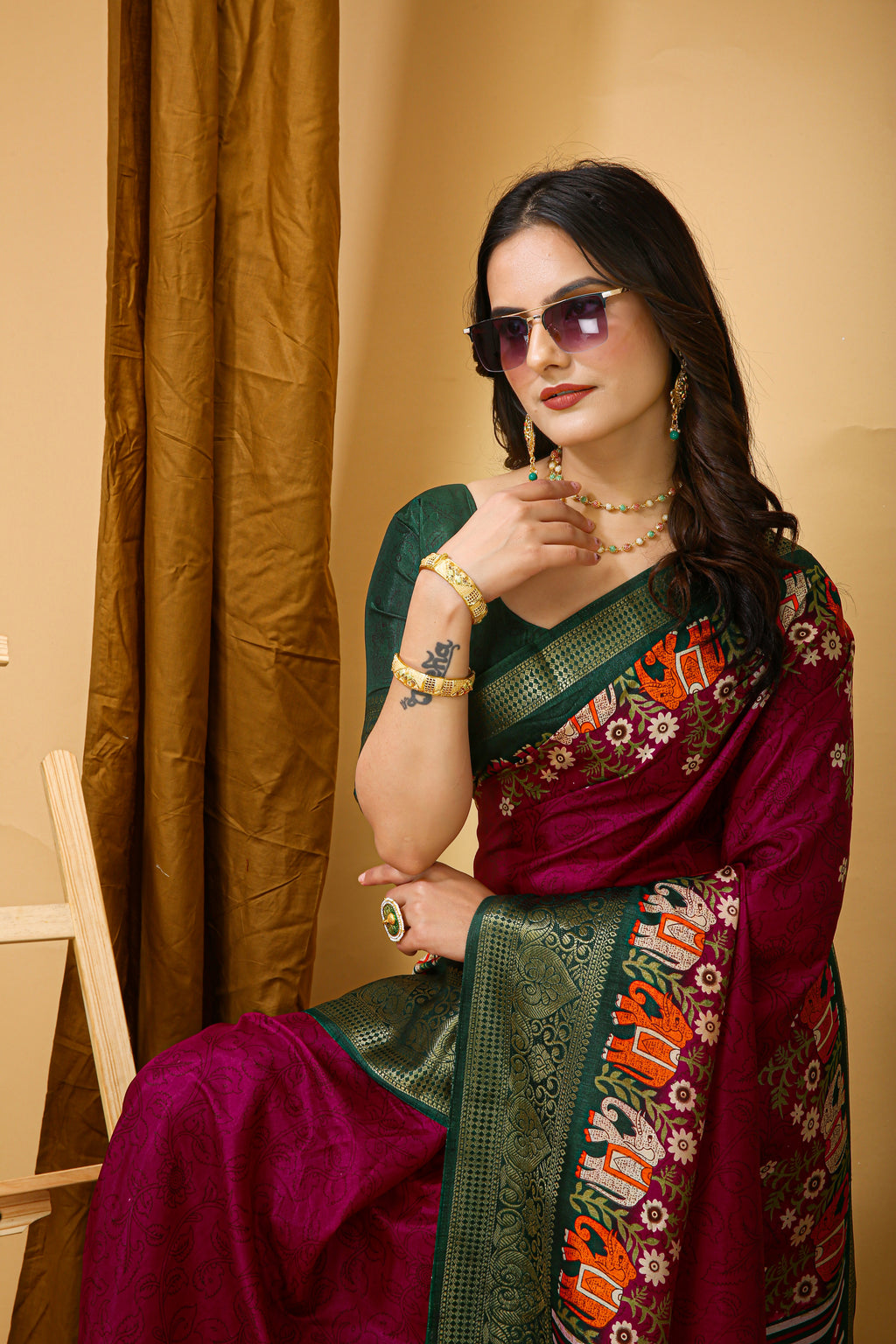 Maroon Kalamkari Print Saree With Jacard Kanjivaram Zari Border & Pallu With Printed Blouse