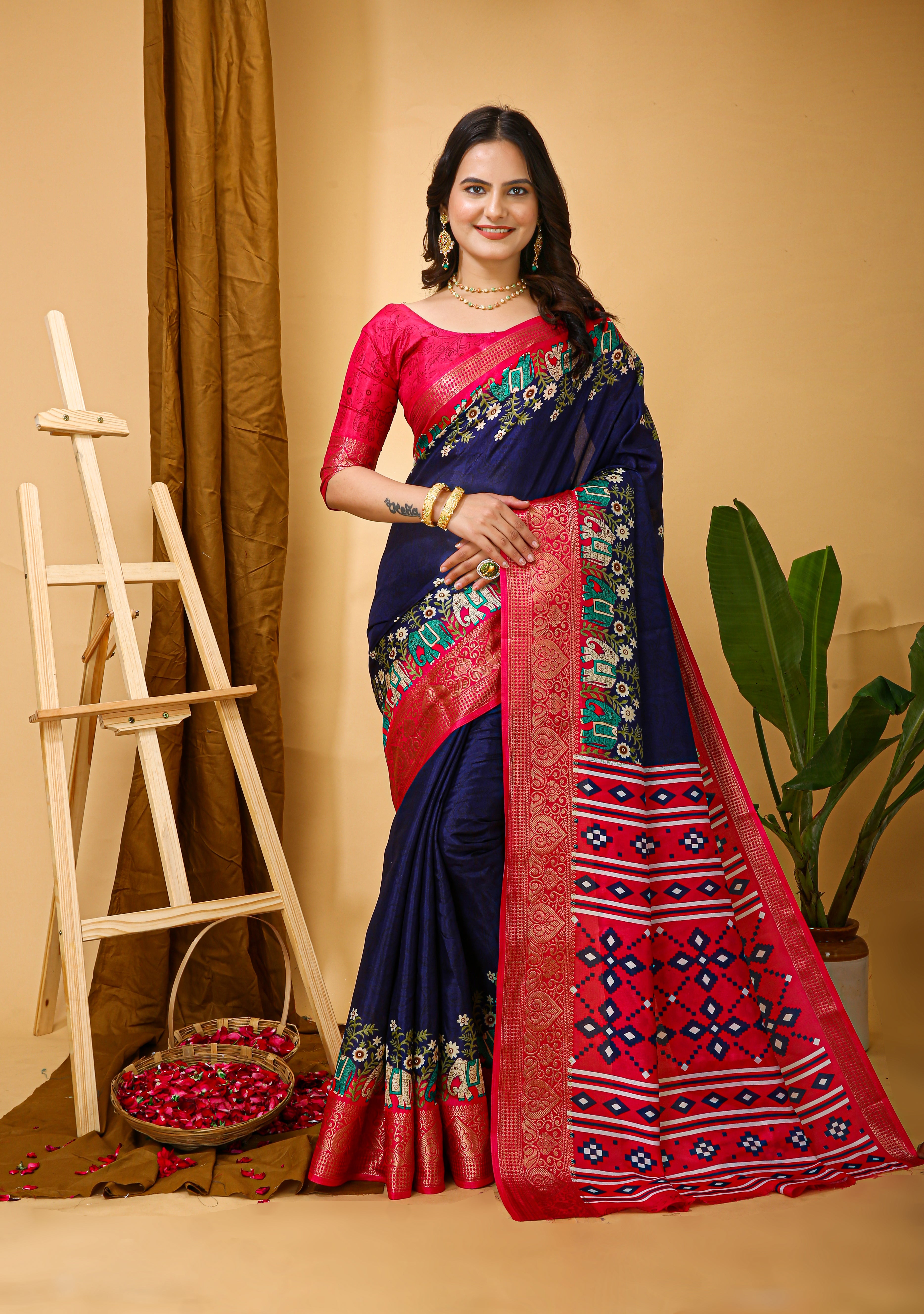 Black Kalamkari Print Saree With Jacard Kanjivaram Zari Border & Pallu With Printed Blouse