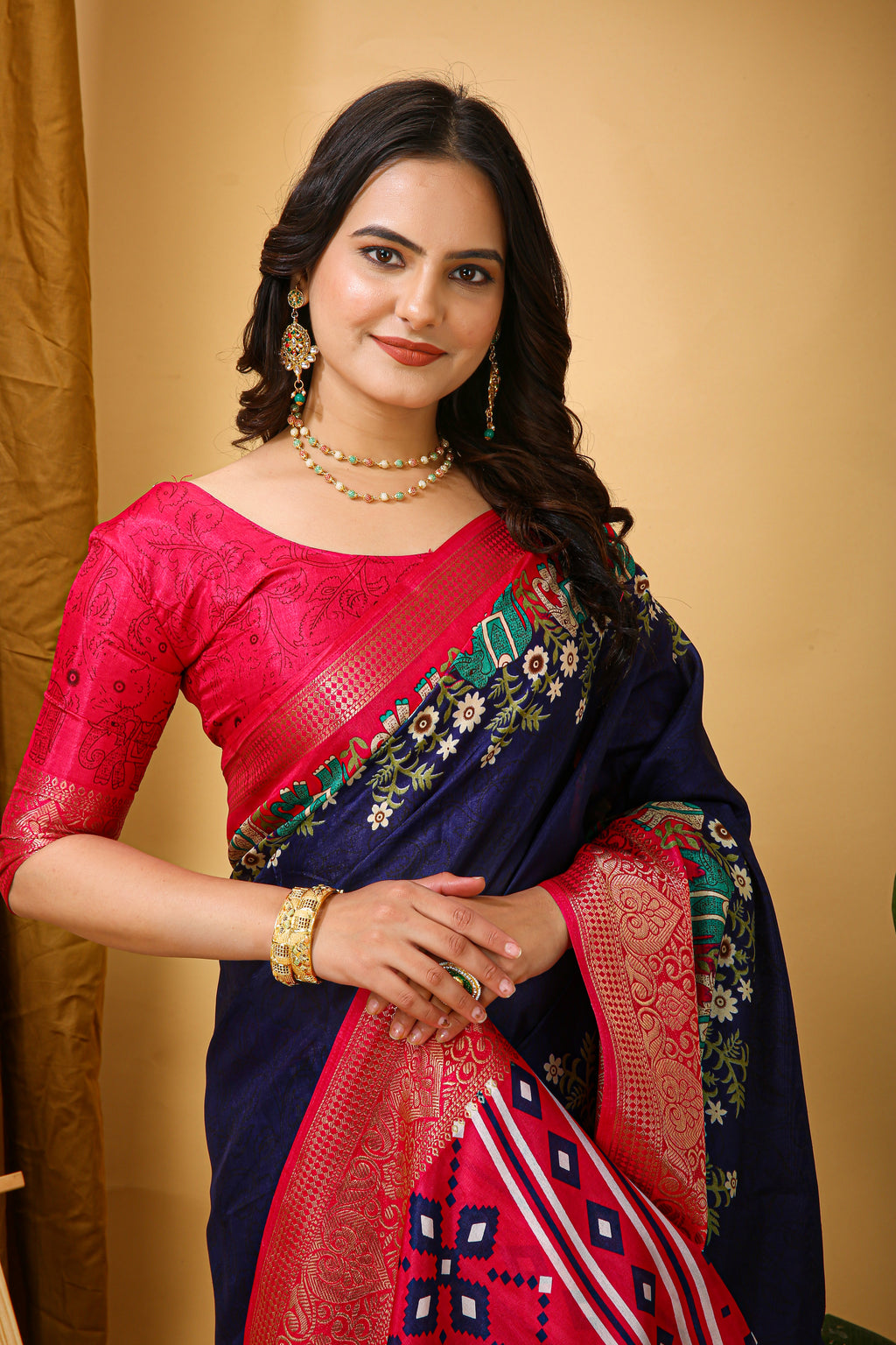 Navy Blue Kalamkari Print Saree With Jacard Kanjivaram Zari Border & Pallu With Printed Blouse