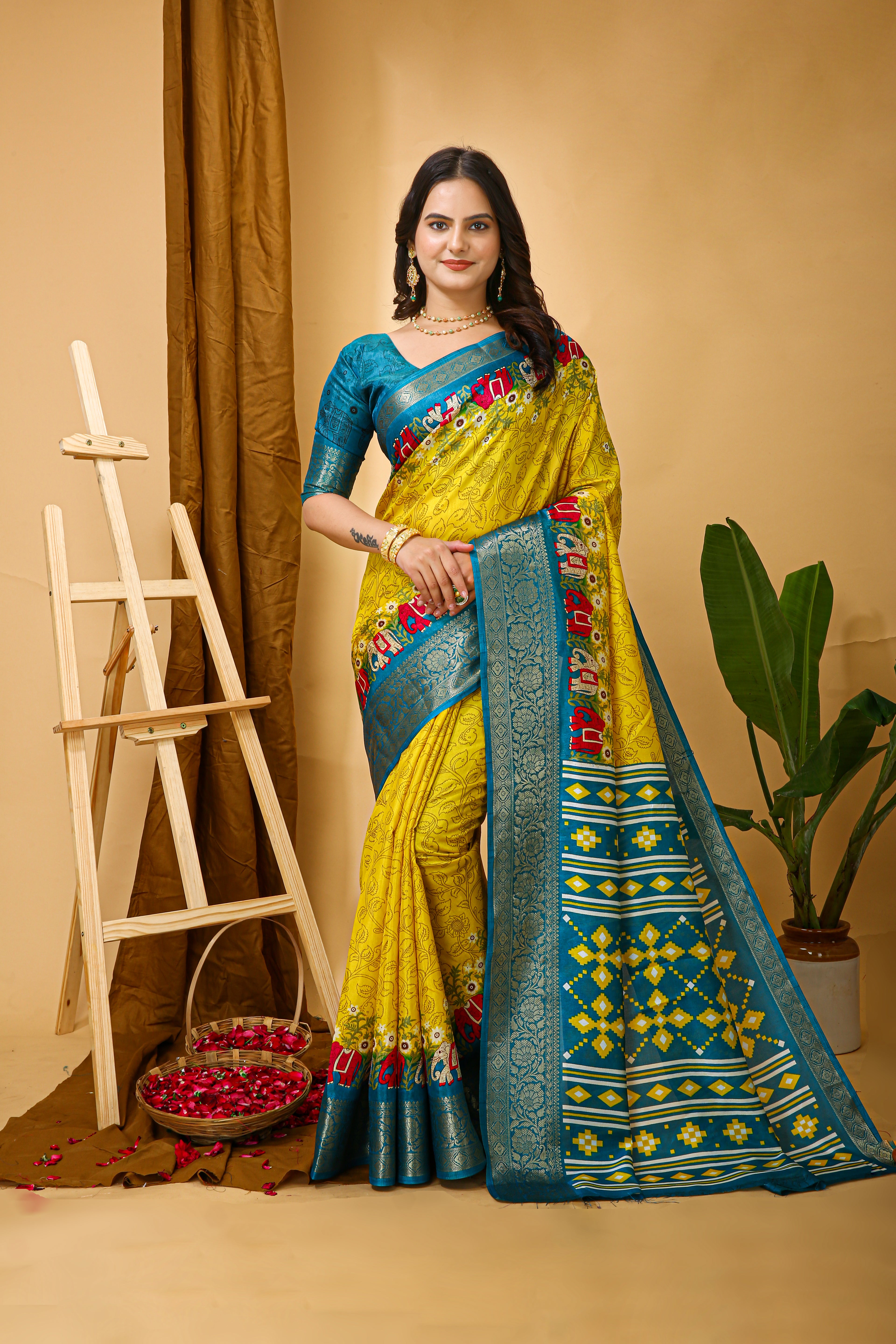 Purple Kalamkari Print Saree With Jacard Kanjivaram Zari Border & Pallu With Printed Blouse