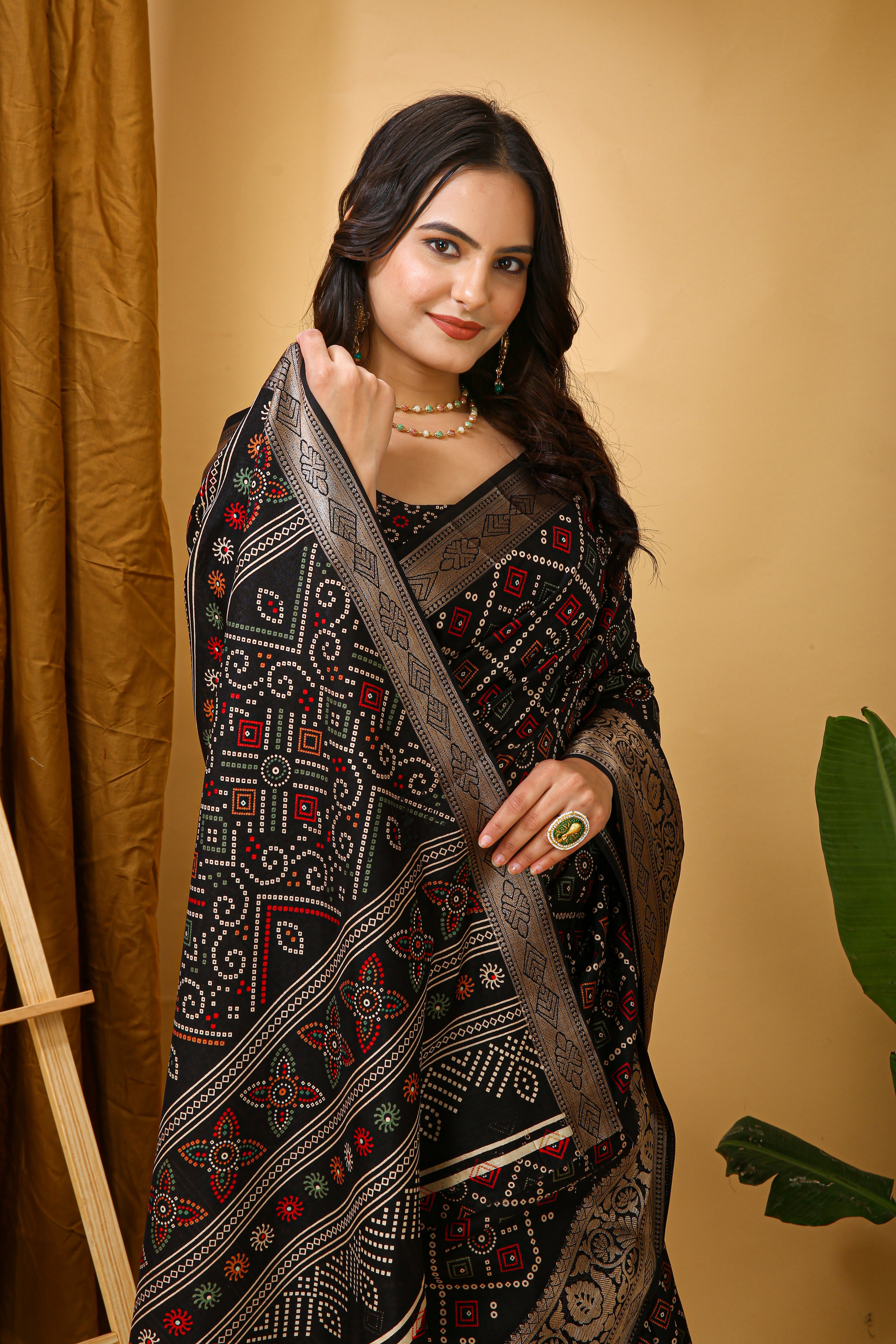 Soft Dola Cotton Kalamkari Print Saree with Jacquard Kanjivaram Zari Border