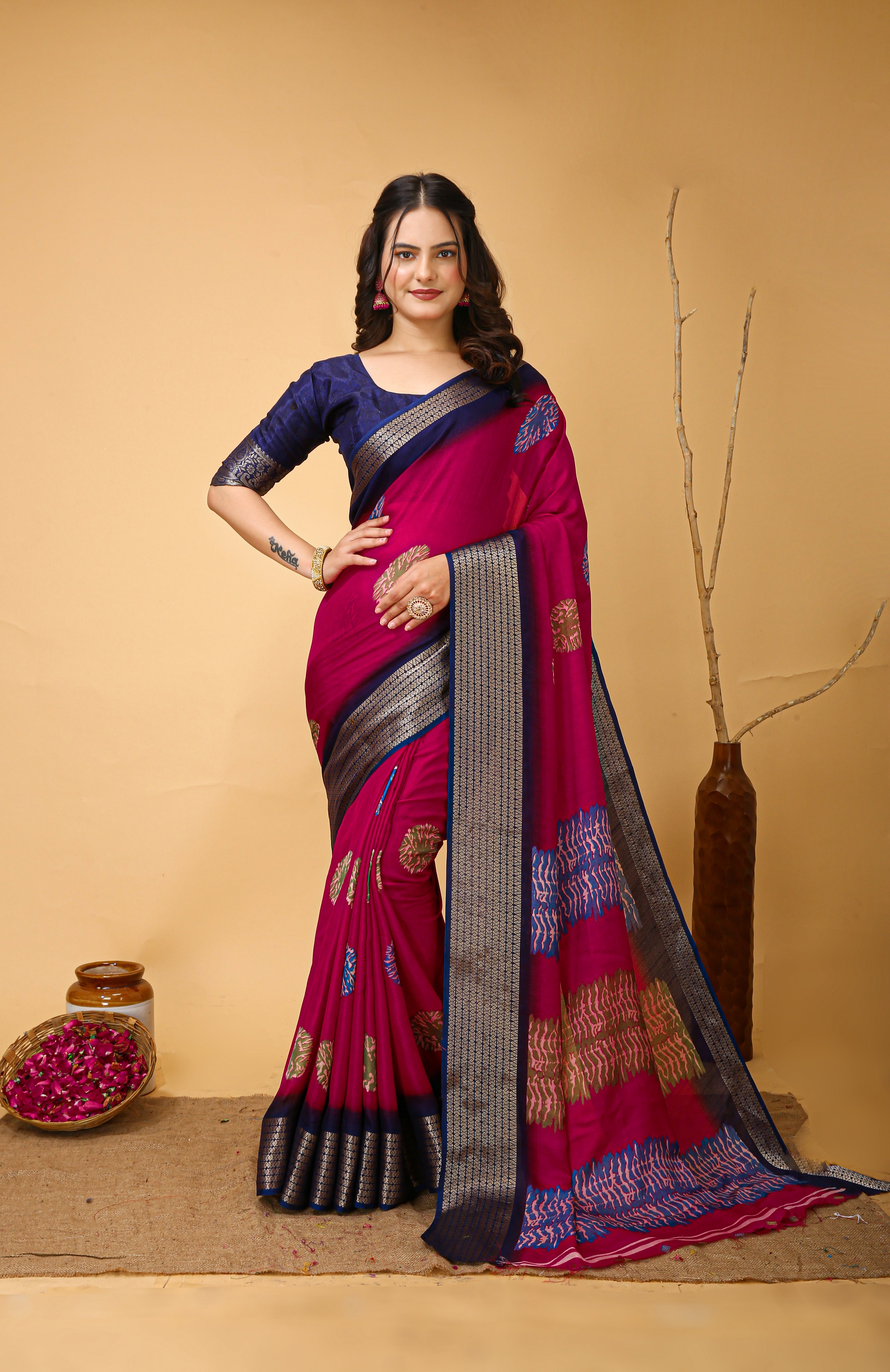 Purple Kalamkari Print Saree with Jacard Zari Border & Pallu With Printed Blouse