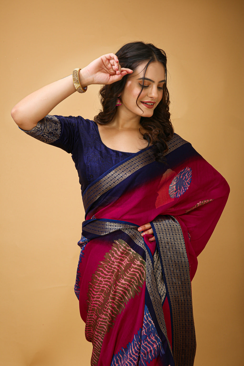 Pink Kalamkari Print Saree with Jacard Zari Border & Pallu With Printed Blouse