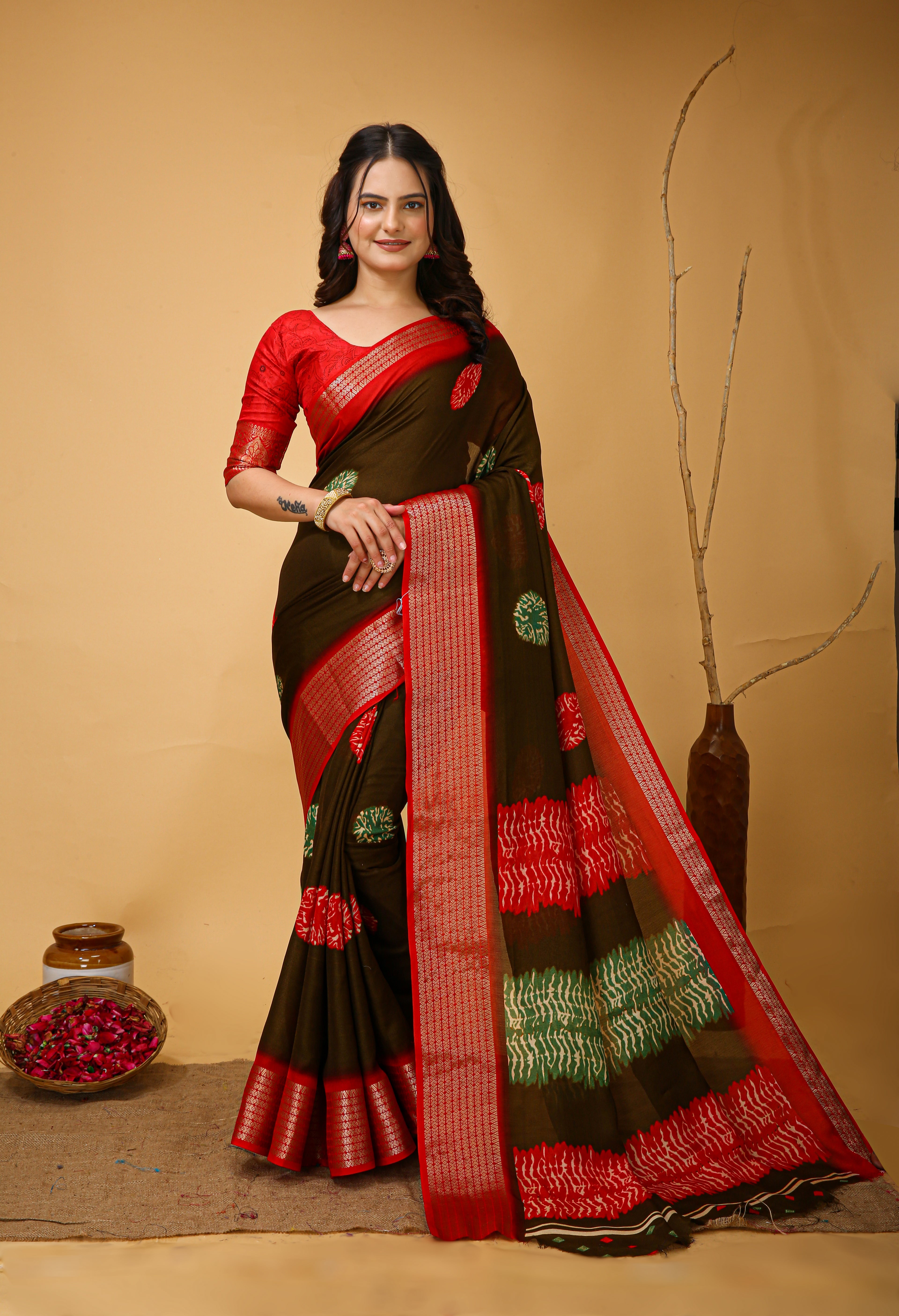 Black Kalamkari Print Saree with Jacard Zari Border & Pallu With Printed Blouse
