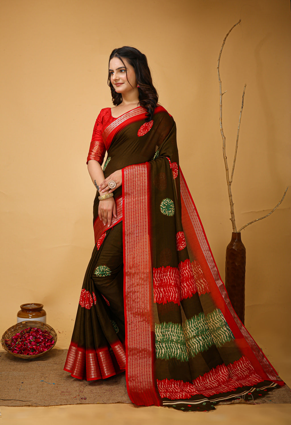 Red Kalamkari Print Saree with Jacard Zari Border & Pallu With Printed Blouse