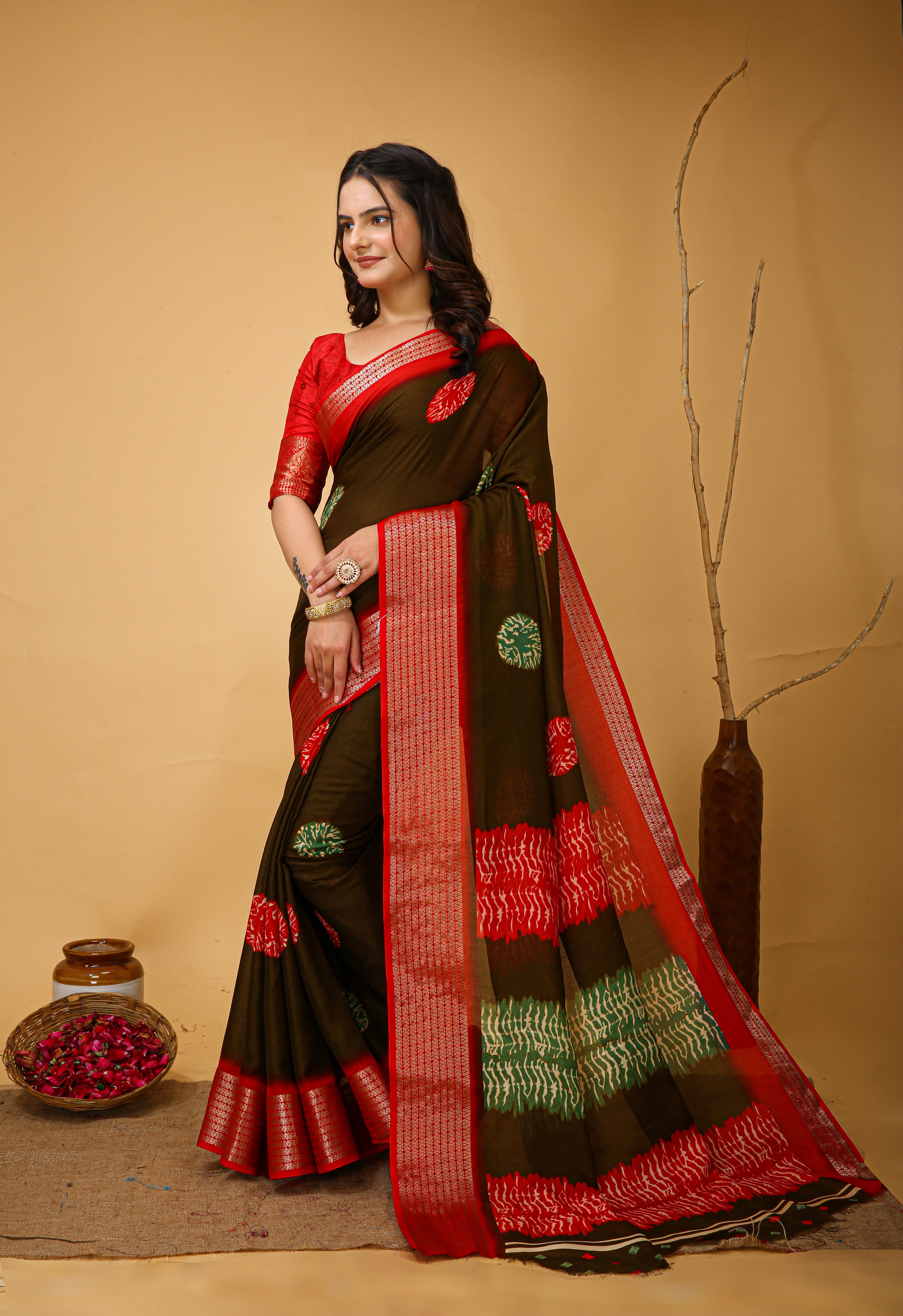 Red Kalamkari Print Saree with Jacard Zari Border & Pallu With Printed Blouse