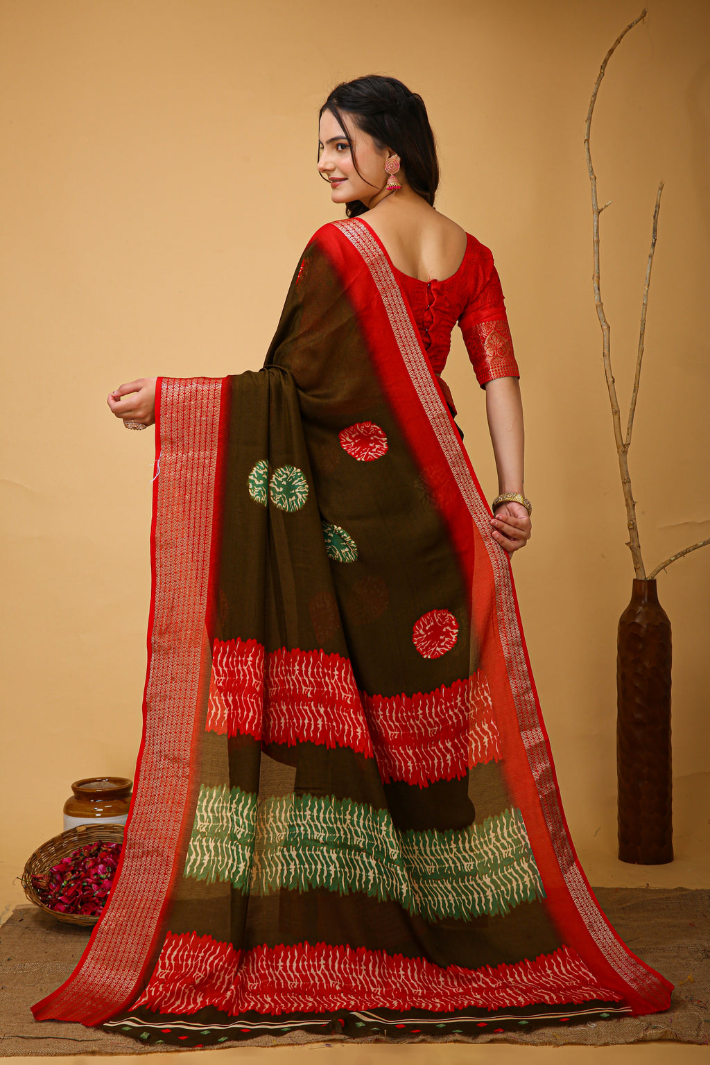 Red Kalamkari Print Saree with Jacard Zari Border & Pallu With Printed Blouse
