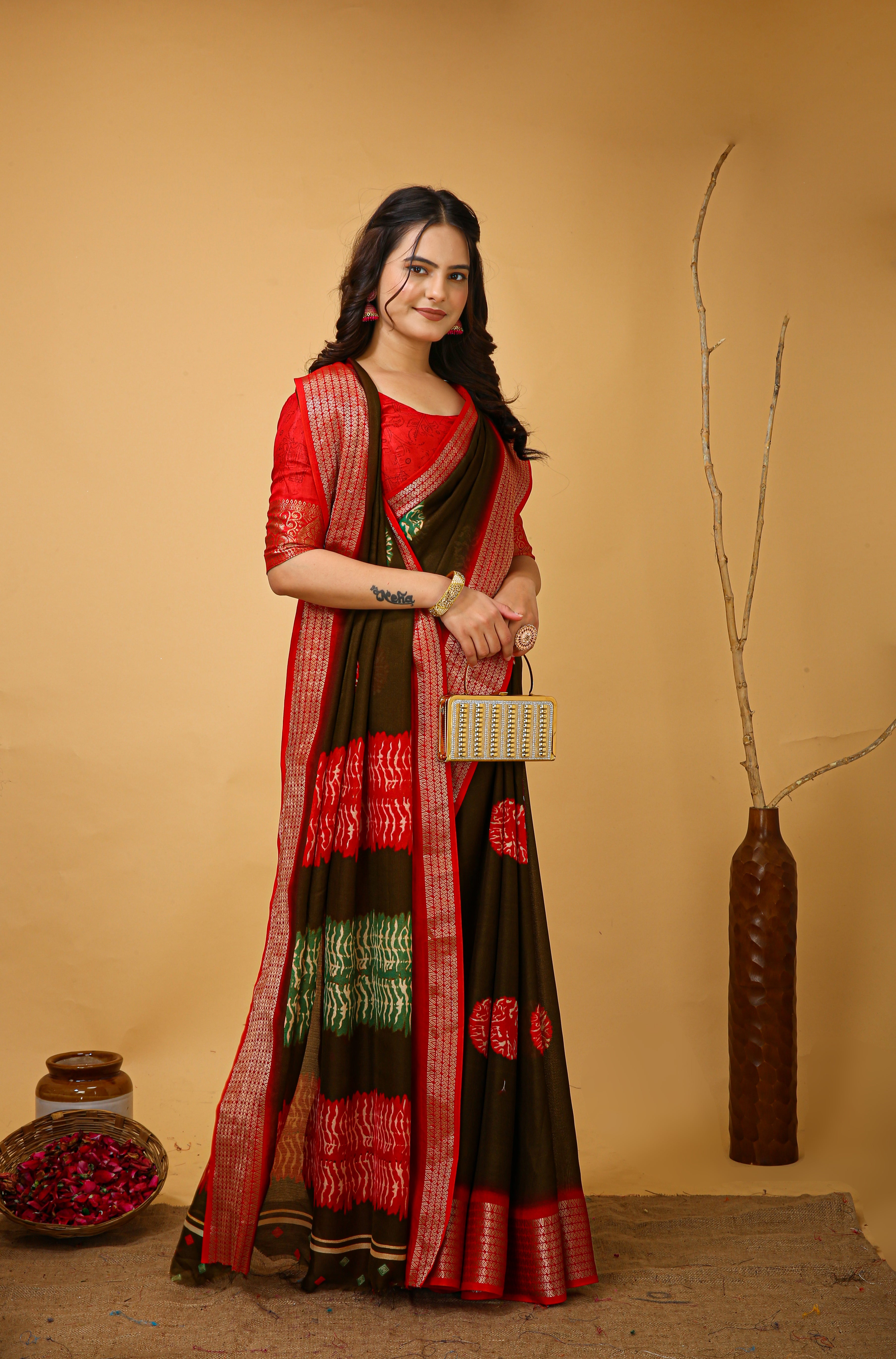 Red Kalamkari Print Saree with Jacard Zari Border & Pallu With Printed Blouse