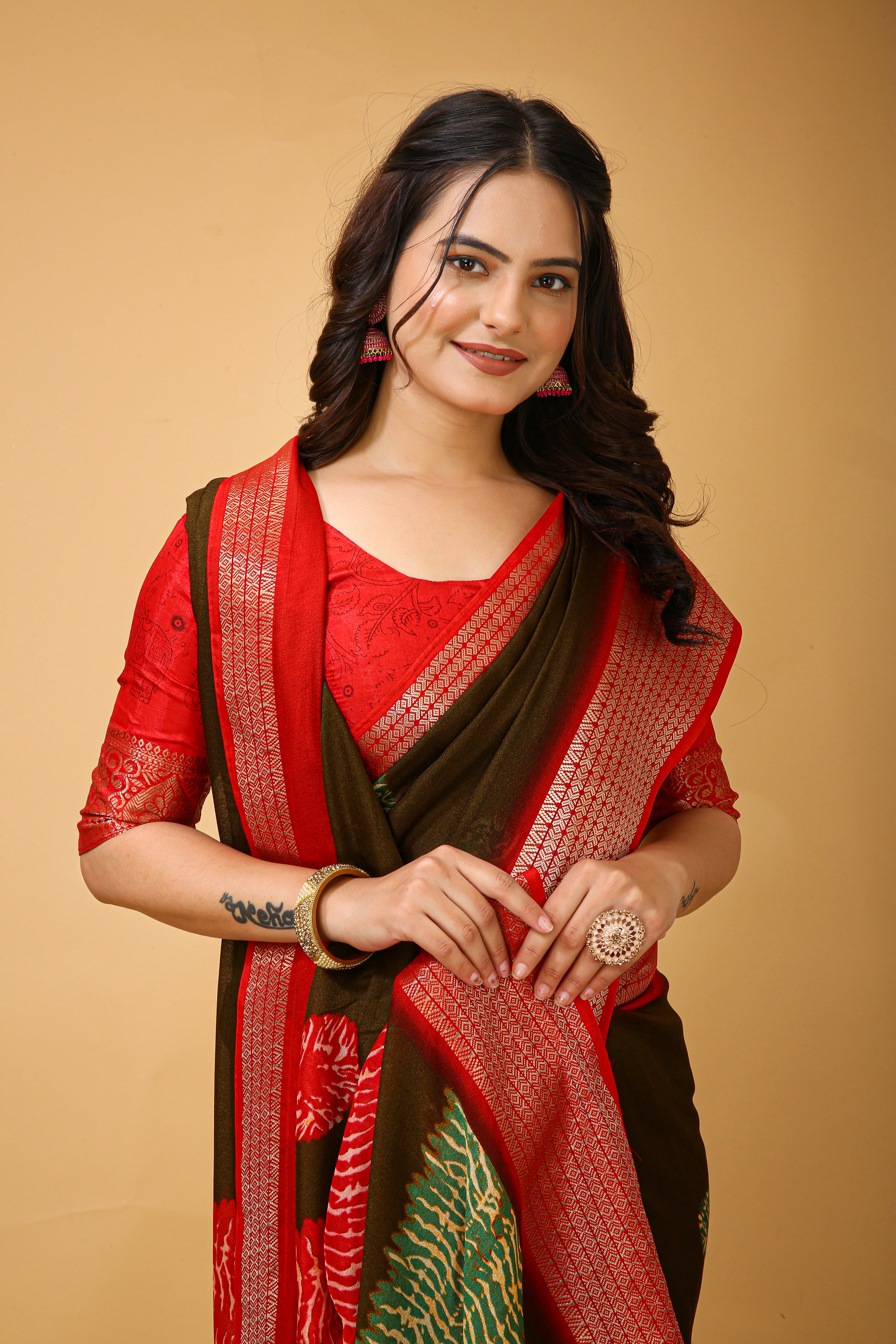 Red Kalamkari Print Saree with Jacard Zari Border & Pallu With Printed Blouse