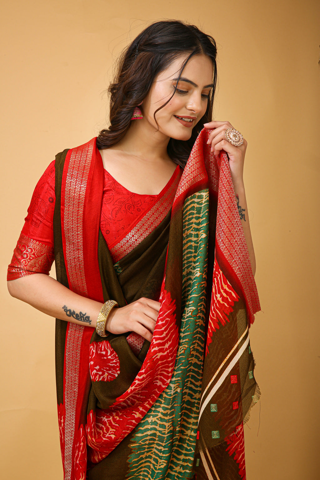 Red Kalamkari Print Saree with Jacard Zari Border & Pallu With Printed Blouse