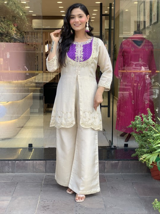 Cream with Purple Elegant Roman Slik Embroidered Kurta Set with Dupatta