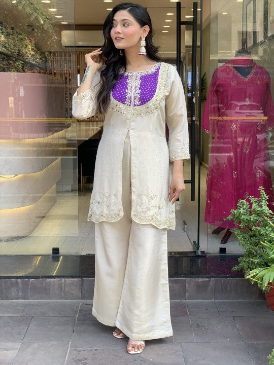 Cream with Purple Elegant Roman Slik Embroidered Kurta Set with Dupatta