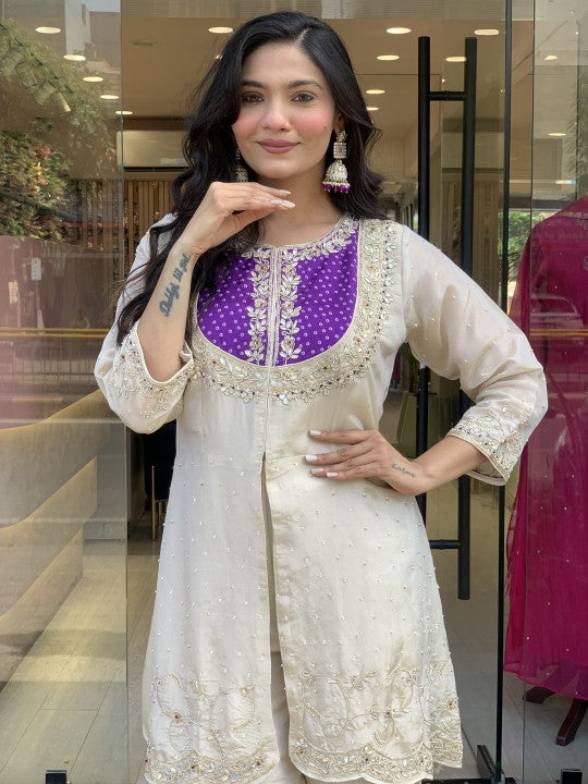Cream with Purple Elegant Roman Slik Embroidered Kurta Set with Dupatta