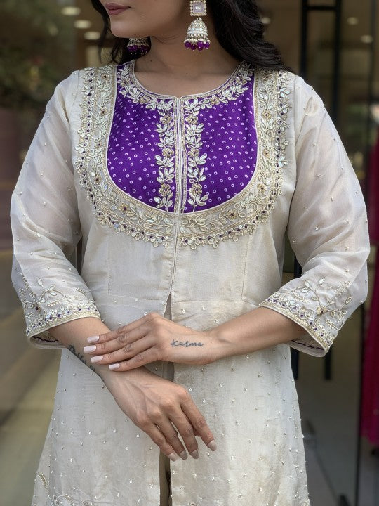 Cream with Purple Elegant Roman Slik Embroidered Kurta Set with Dupatta