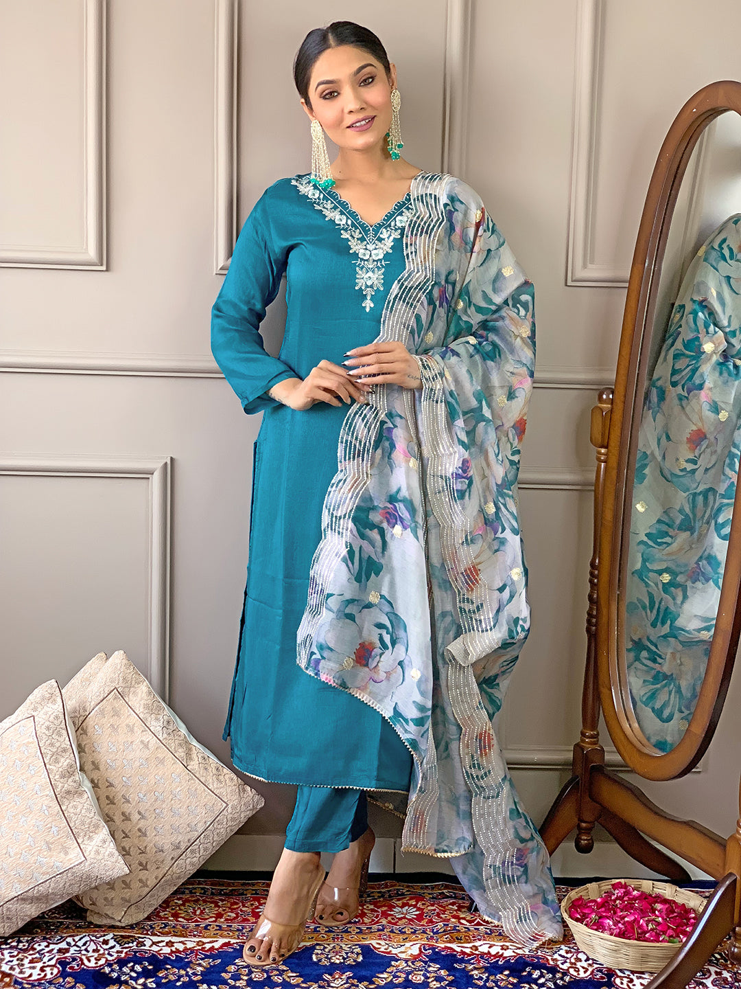 Rama Premium Viscose Chanderi Embroidered Kurta Set with Dupatta