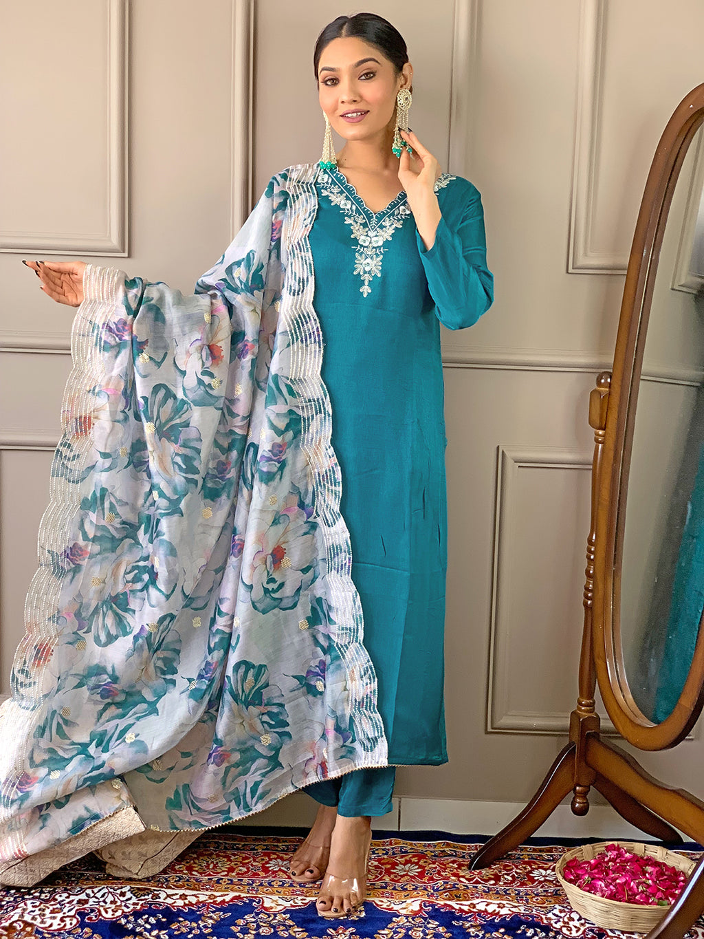 Rama Premium Viscose Chanderi Embroidered Kurta Set with Dupatta