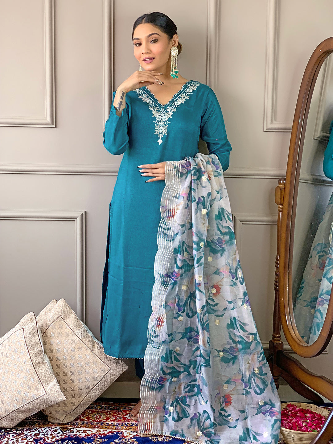 Rama Premium Viscose Chanderi Embroidered Kurta Set with Dupatta