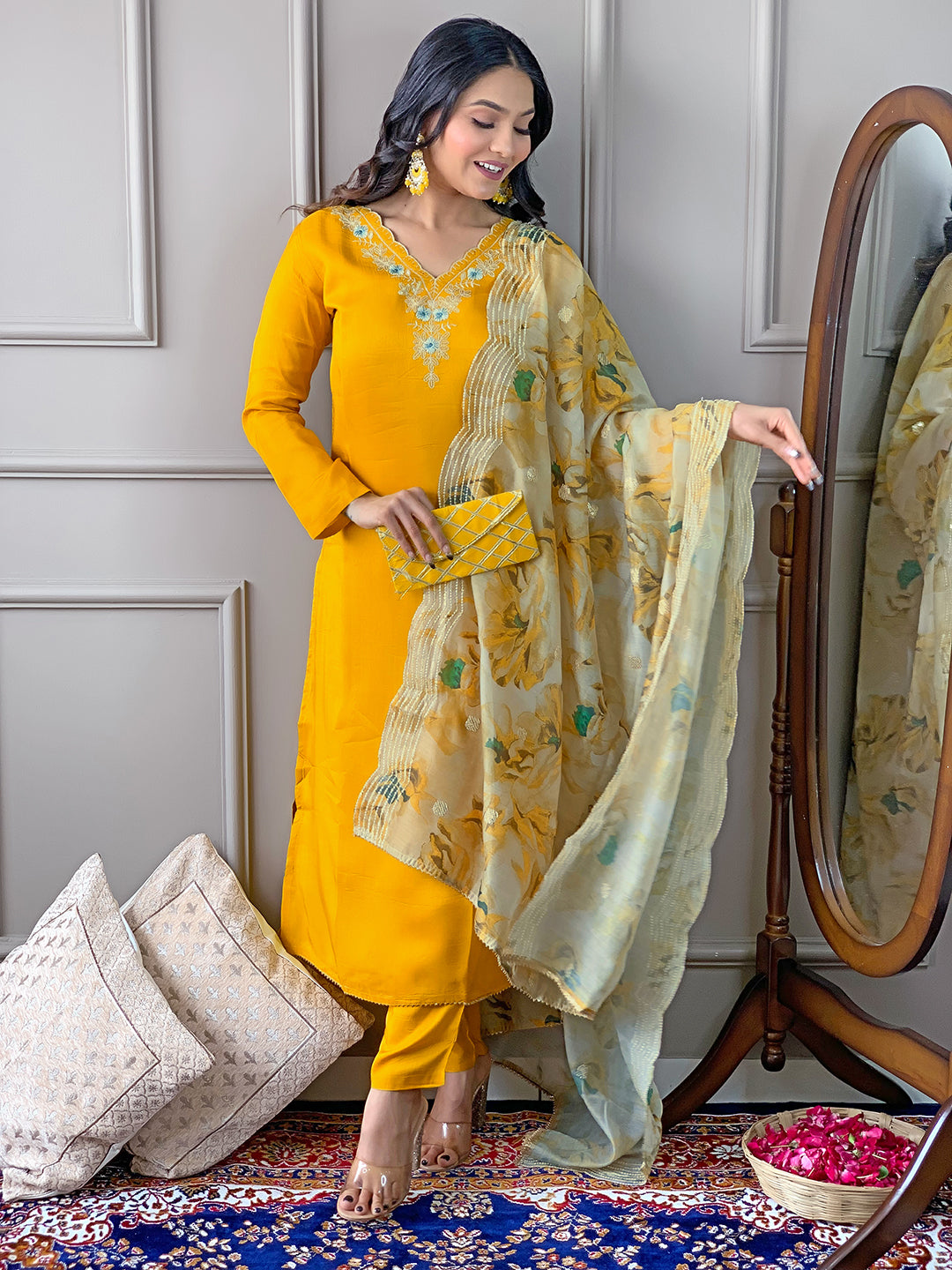 Yellow Premium Viscose Chanderi Embroidered Kurta Set with Dupatta