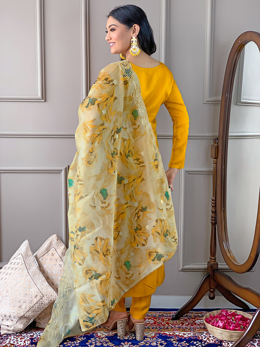Yellow Premium Viscose Chanderi Embroidered Kurta Set with Dupatta