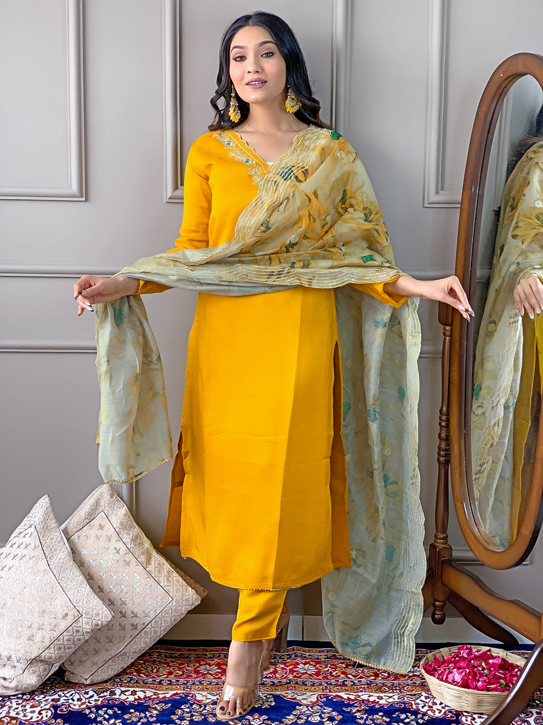 Yellow Premium Viscose Chanderi Embroidered Kurta Set with Dupatta
