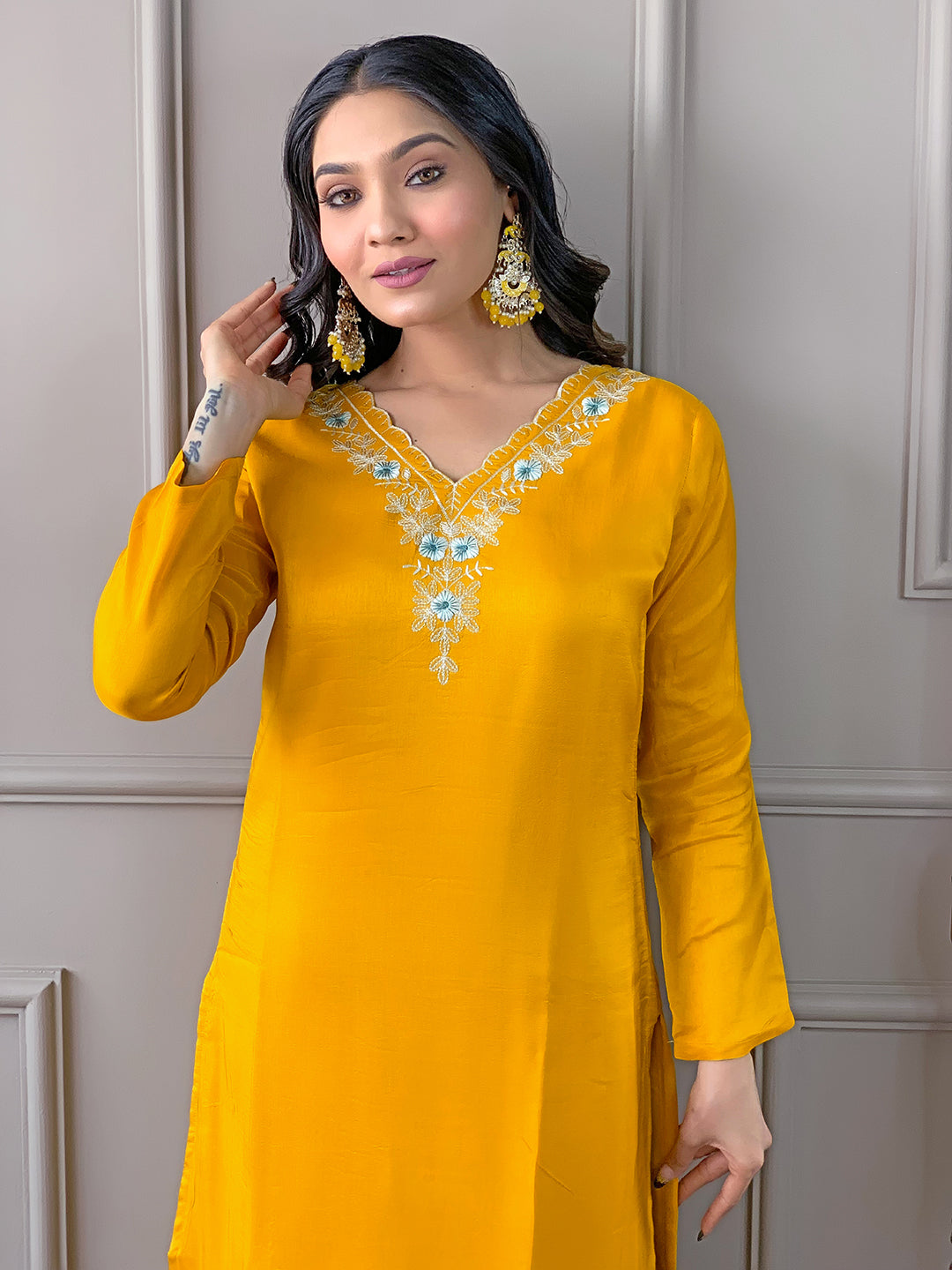 Yellow Premium Viscose Chanderi Embroidered Kurta Set with Dupatta