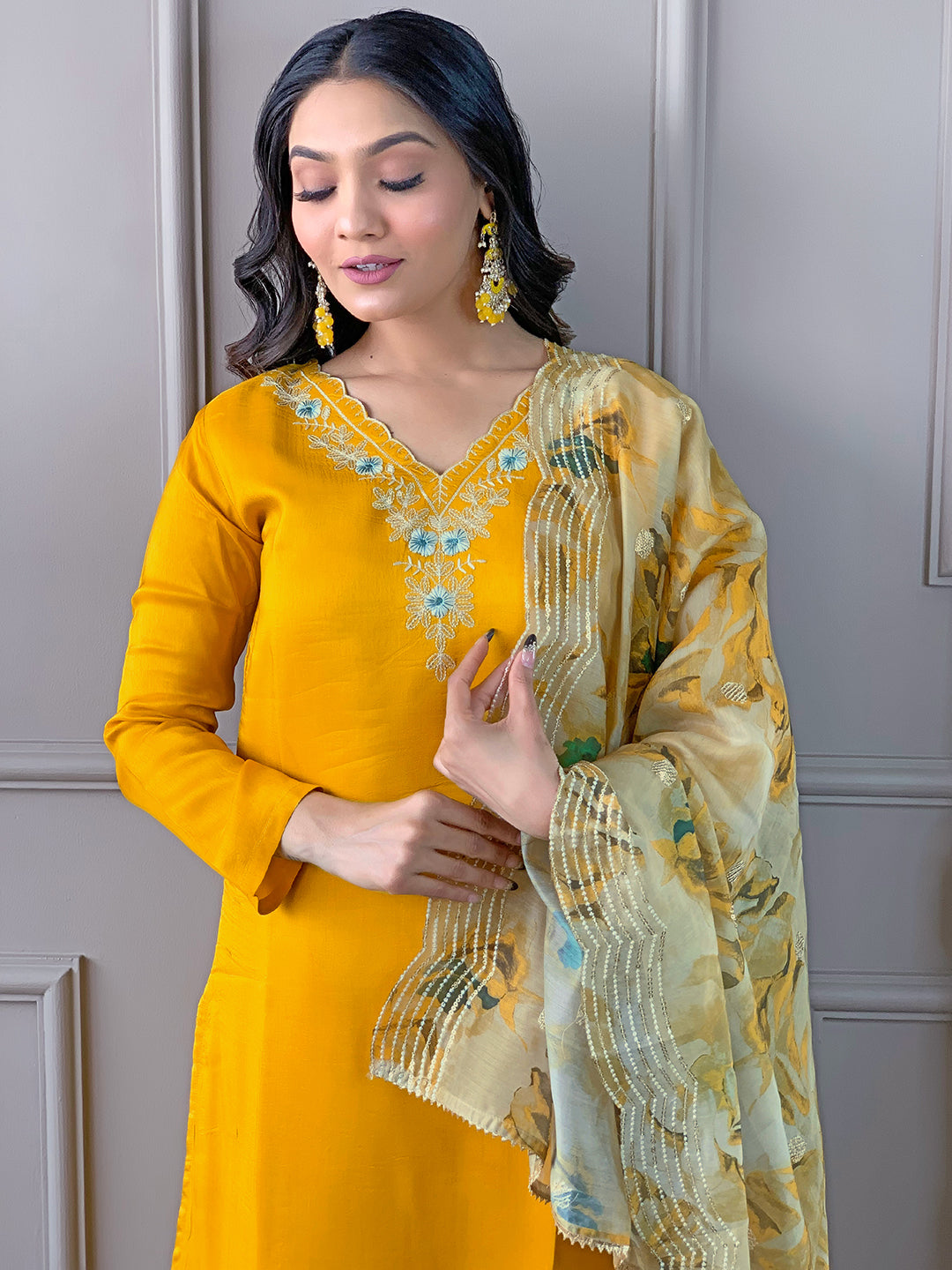 Yellow Premium Viscose Chanderi Embroidered Kurta Set with Dupatta