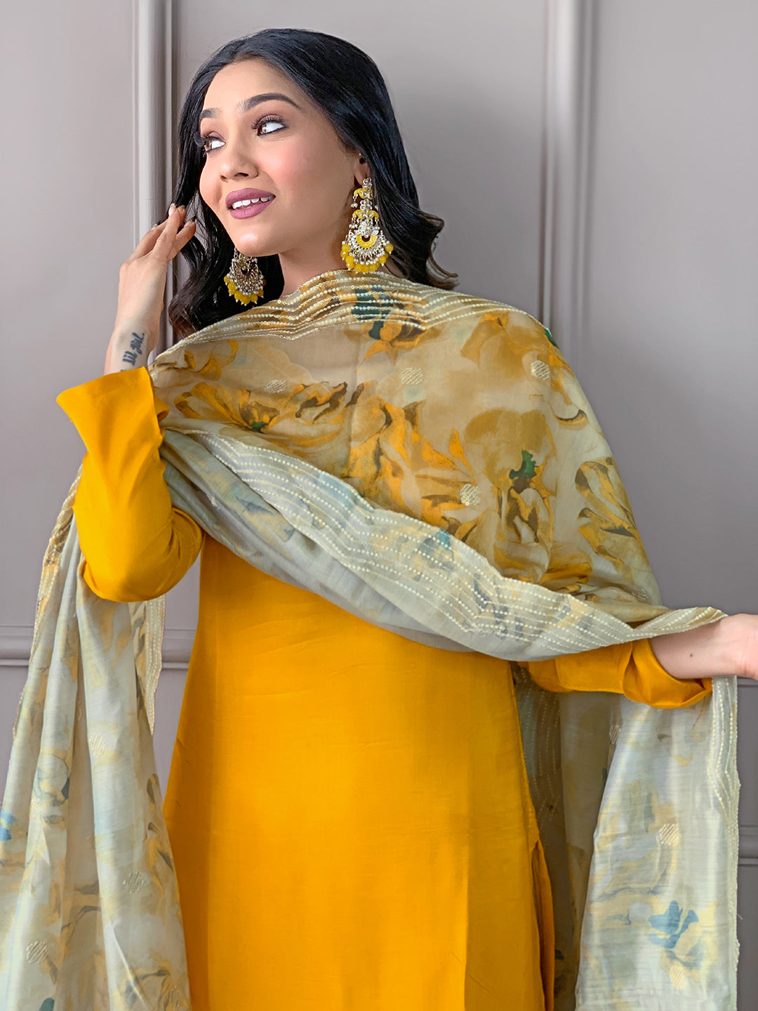 Yellow Premium Viscose Chanderi Embroidered Kurta Set with Dupatta