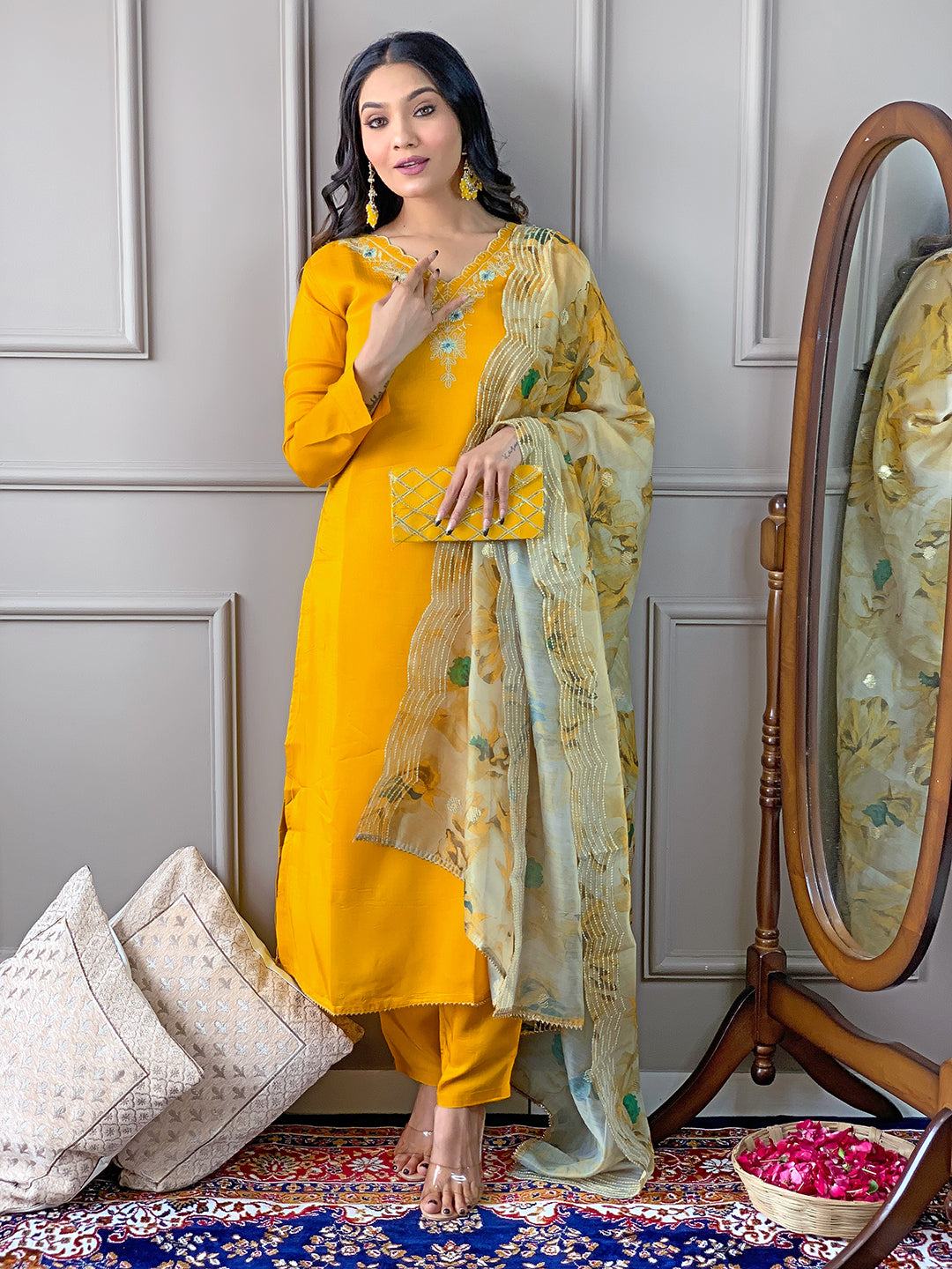 Yellow Premium Viscose Chanderi Embroidered Kurta Set with Dupatta