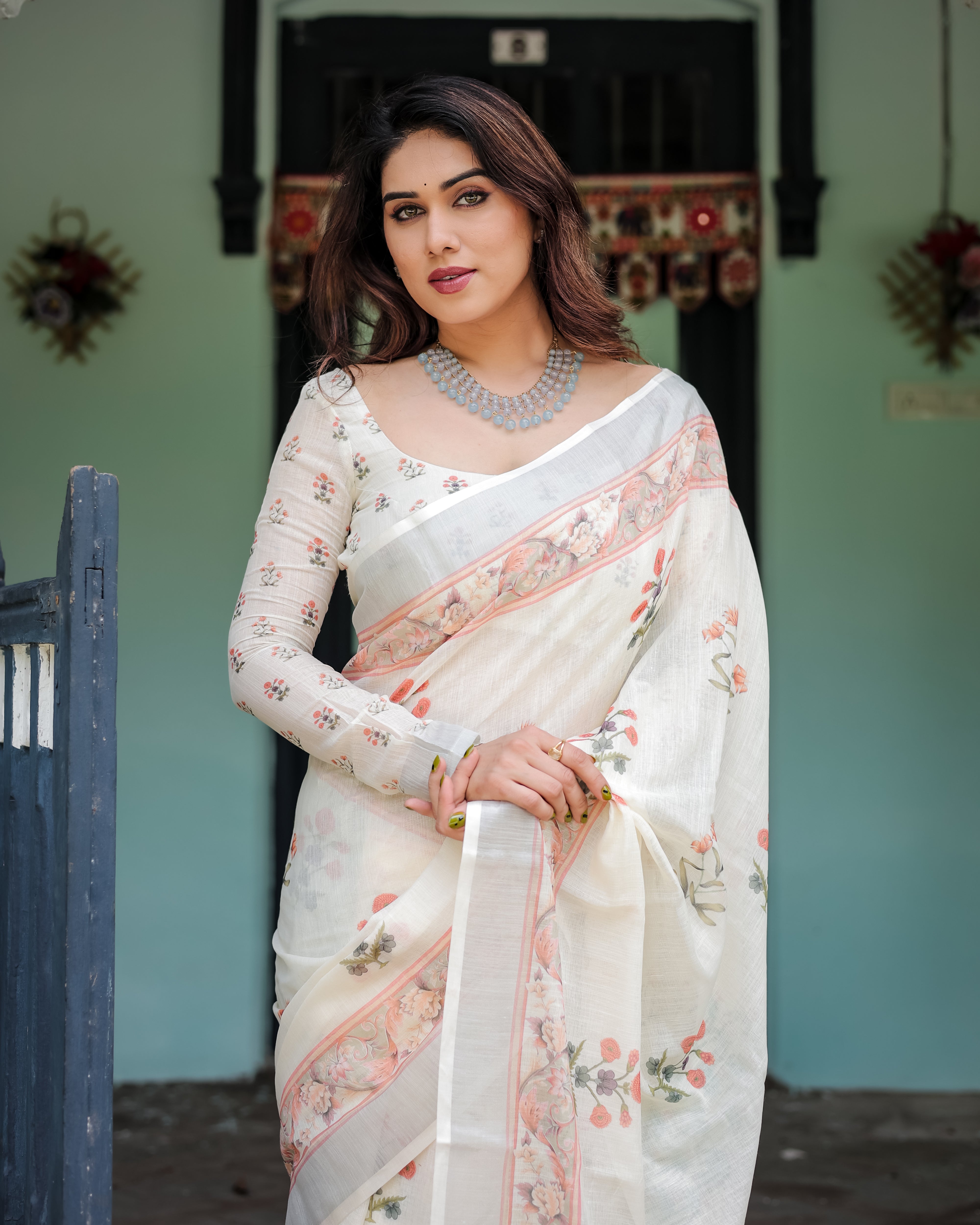 Off White Pure Cotton Linen Saree with Floral Print