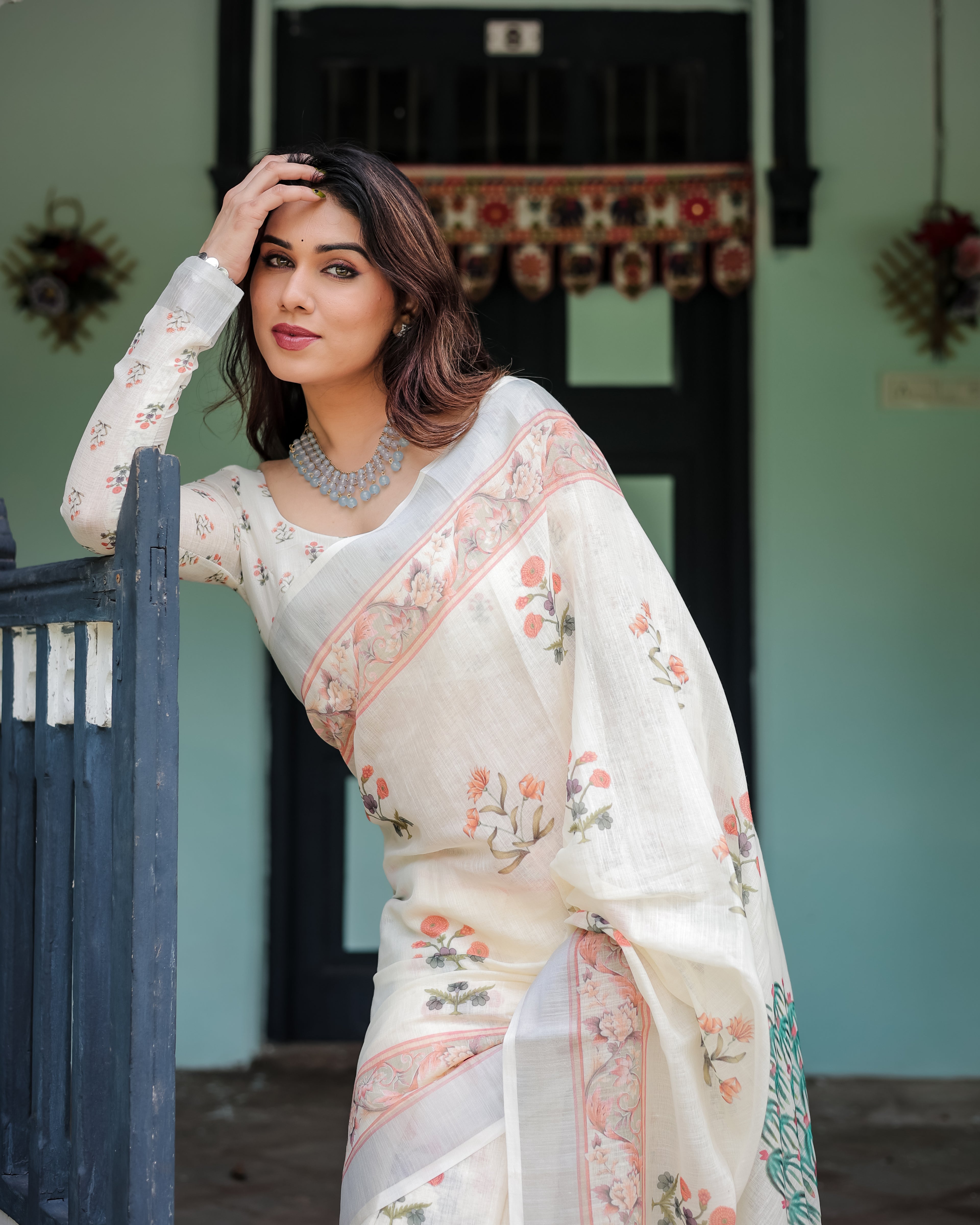Off White Pure Cotton Linen Saree with Floral Print