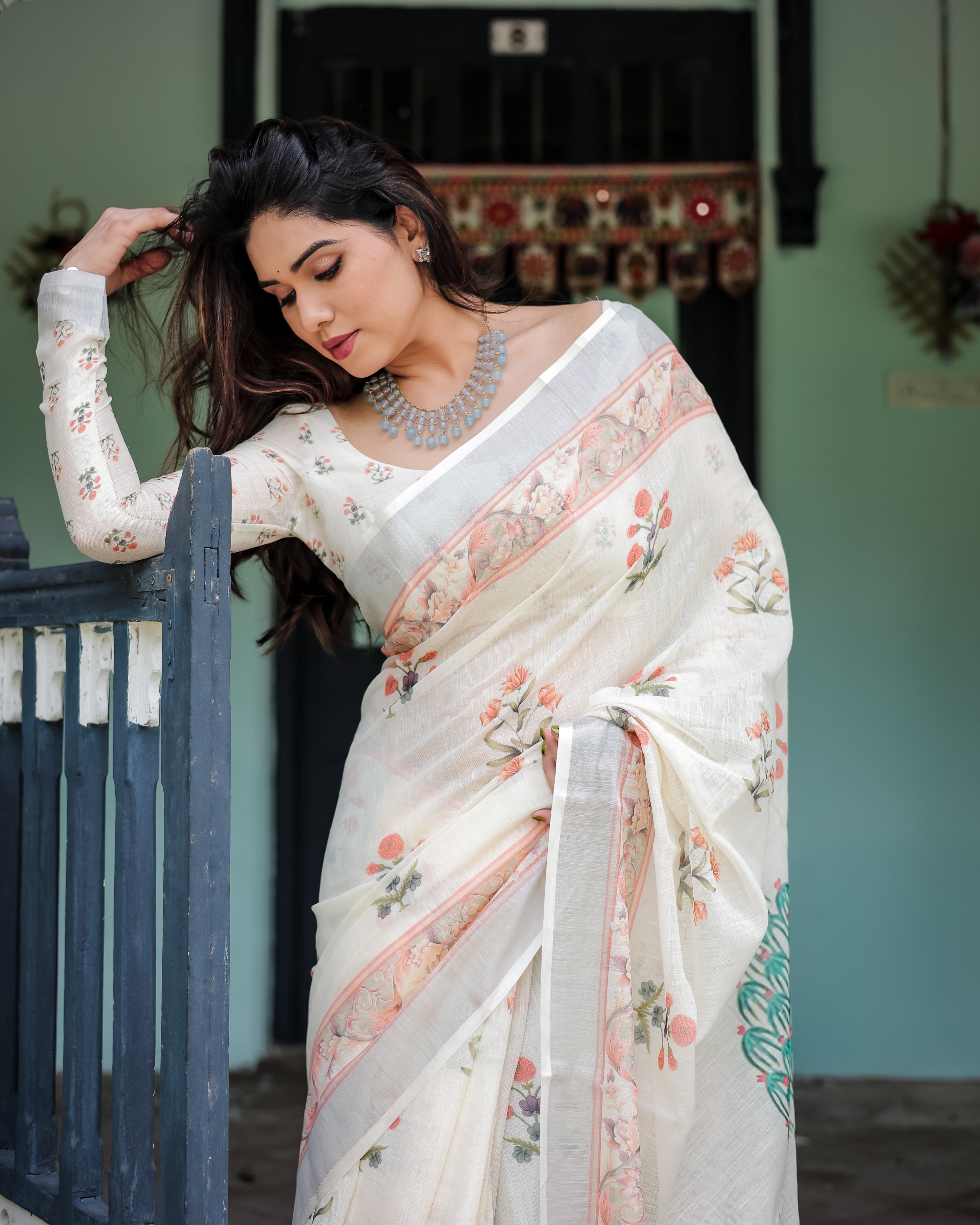 Off White Pure Cotton Linen Saree with Floral Print