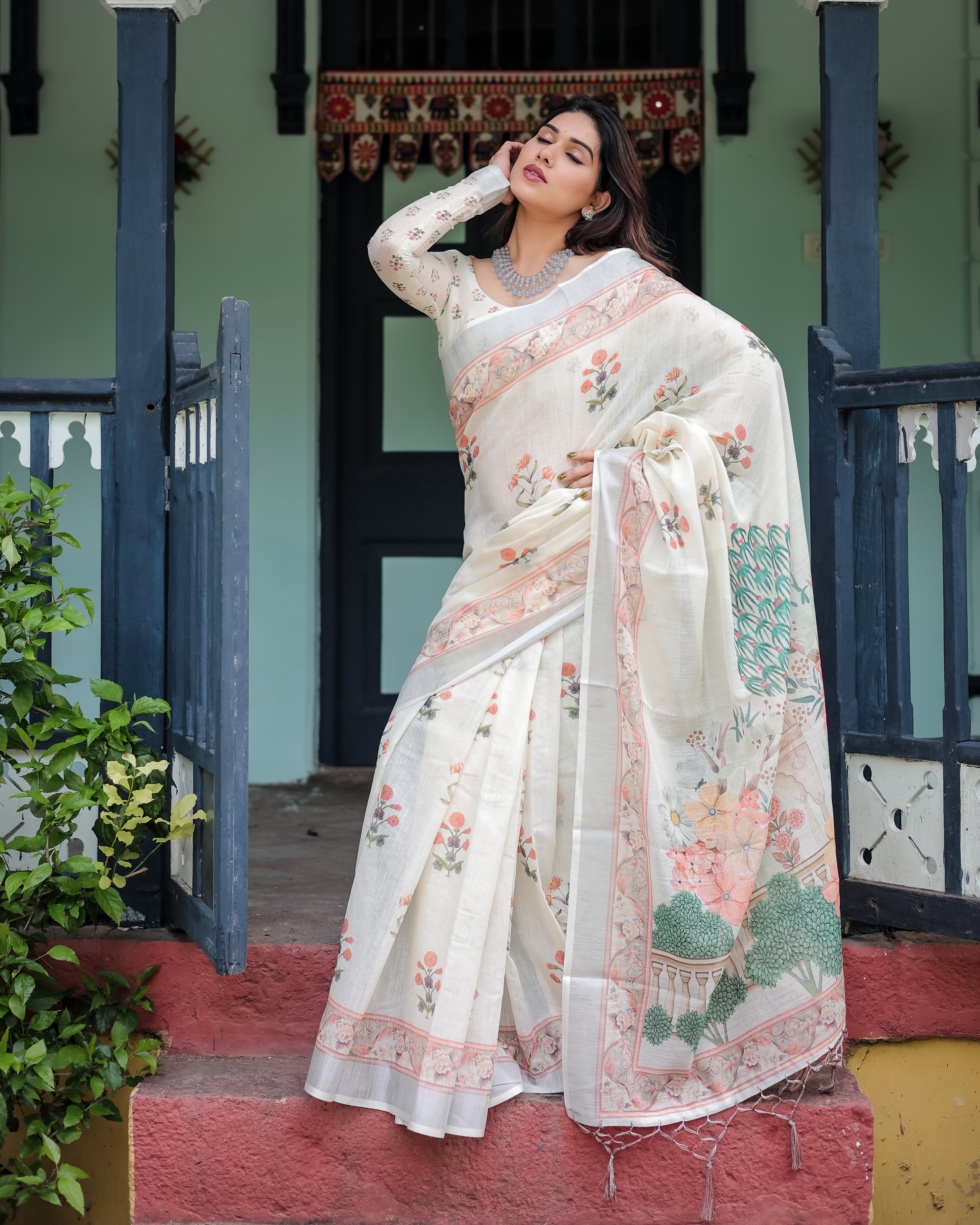 Off White Pure Cotton Linen Saree with Floral Print