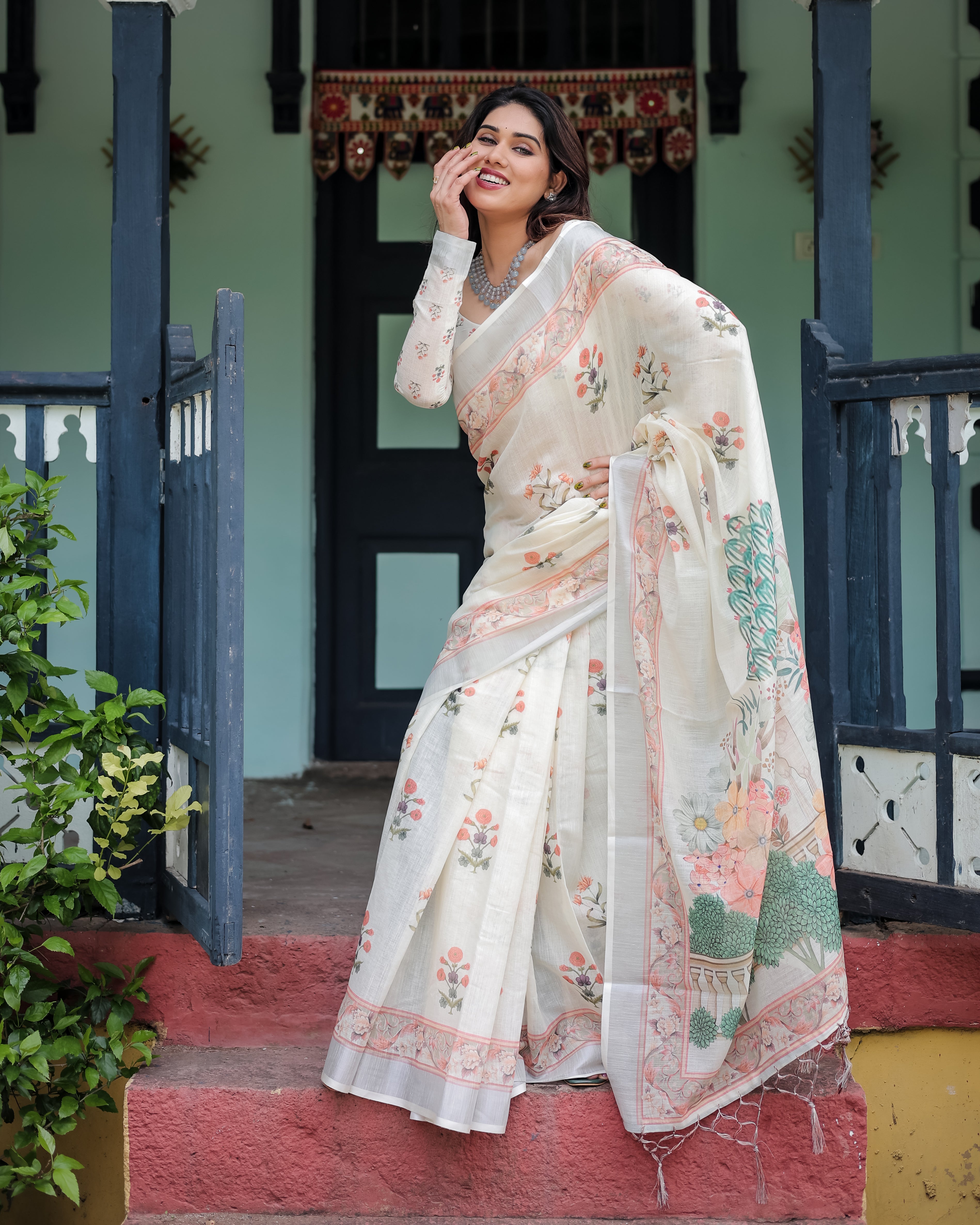 Off White Pure Cotton Linen Saree with Floral Print