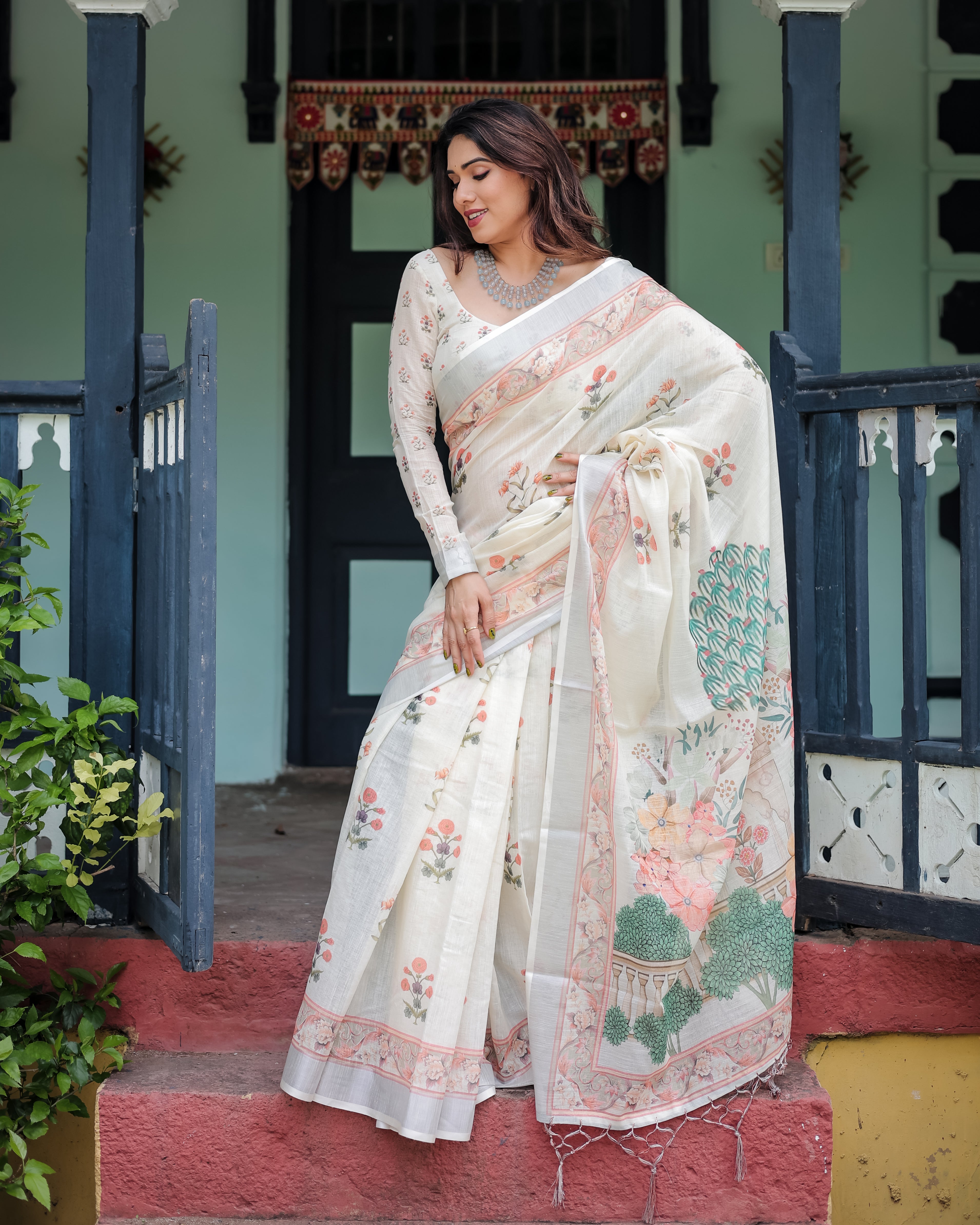 Off White Pure Cotton Linen Saree with Floral Print