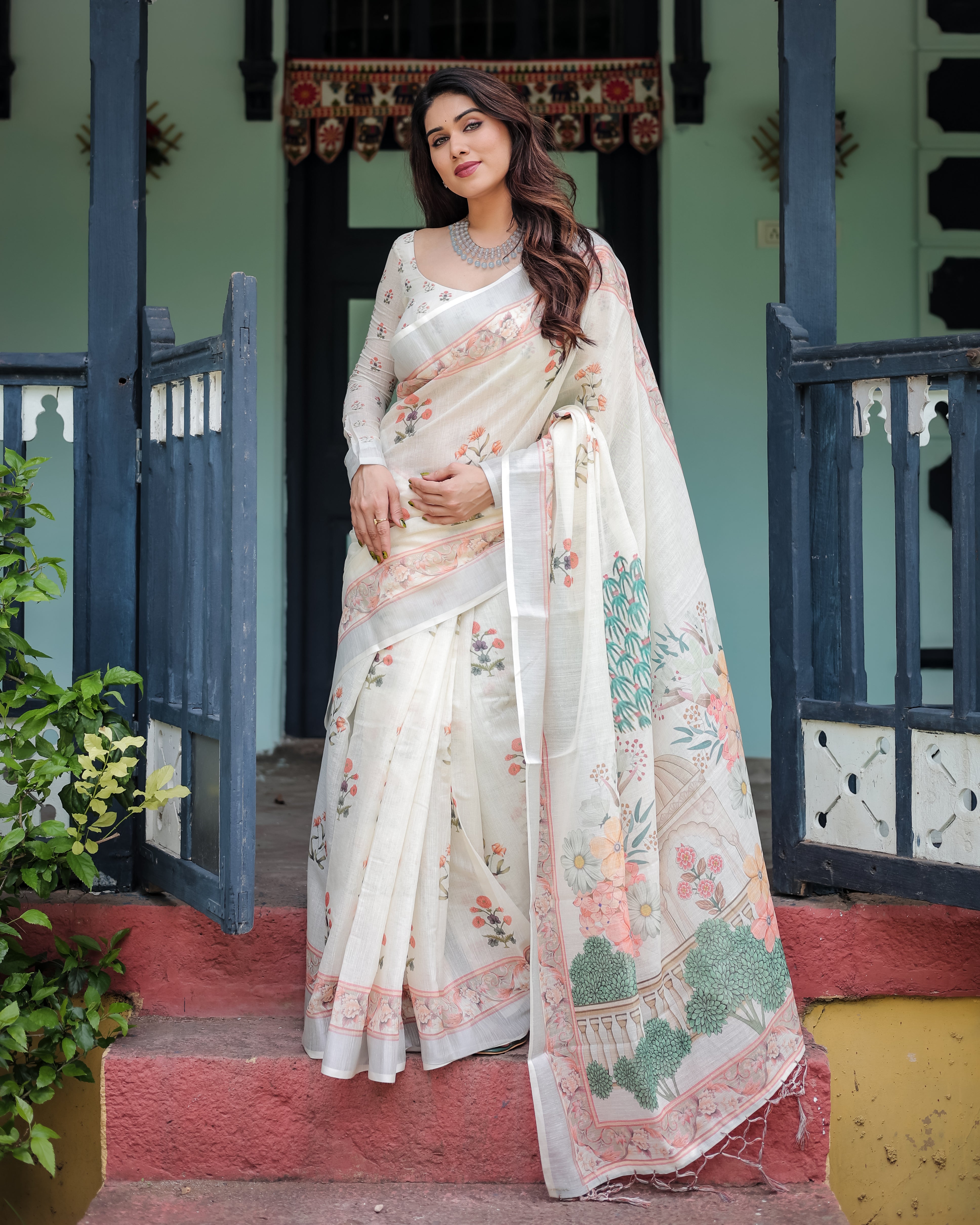 Off White Pure Cotton Linen Saree with Floral Print
